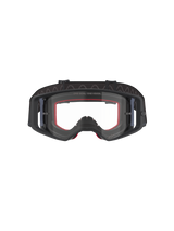 Alpinestars Supertech Corp Goggles, motorcrossbril, zwart en grijs met heldere lens, vooraanzicht met rood schuim aan de binnenkant en brede zwarte verstelbare band, hoogwaardige off-road bril