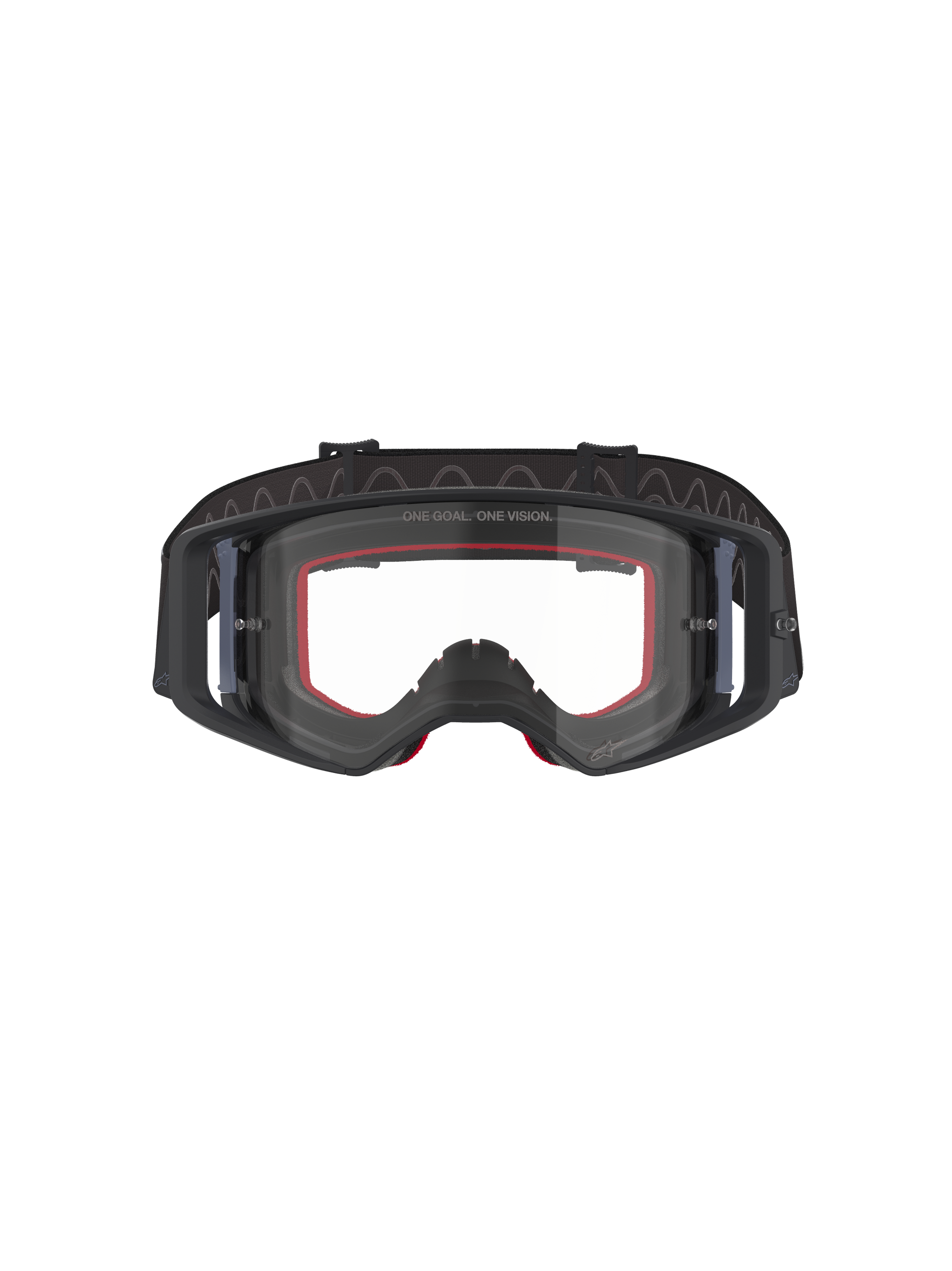 Alpinestars Supertech Corp Goggles, motorcrossbril, zwart en grijs met heldere lens, vooraanzicht met rood schuim aan de binnenkant en brede zwarte verstelbare band, hoogwaardige off-road bril