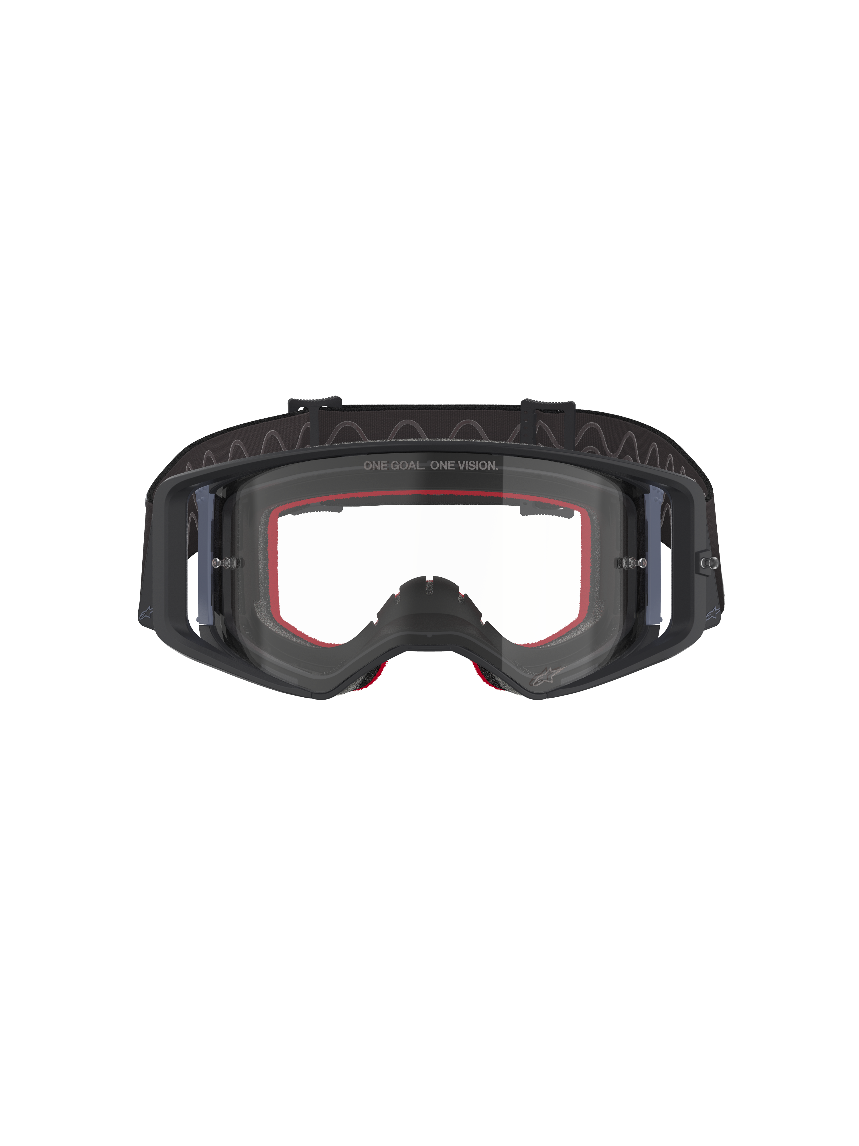Alpinestars Supertech Corp Goggles, motorcrossbril, zwart en grijs met heldere lens, vooraanzicht met rood schuim aan de binnenkant en brede zwarte verstelbare band, hoogwaardige off-road bril