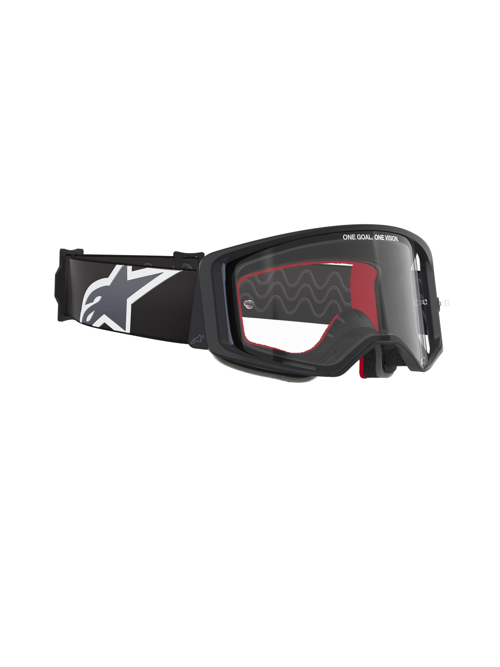 Alpinestars Supertech Corp crossbril, motorcrossbril, zwart frame met heldere lens, verstelbare zwarte band met groot wit Alpinestars ster-logo, rode schuimaccenten aan de binnenkant, professionele oogbescherming voor off-road racing