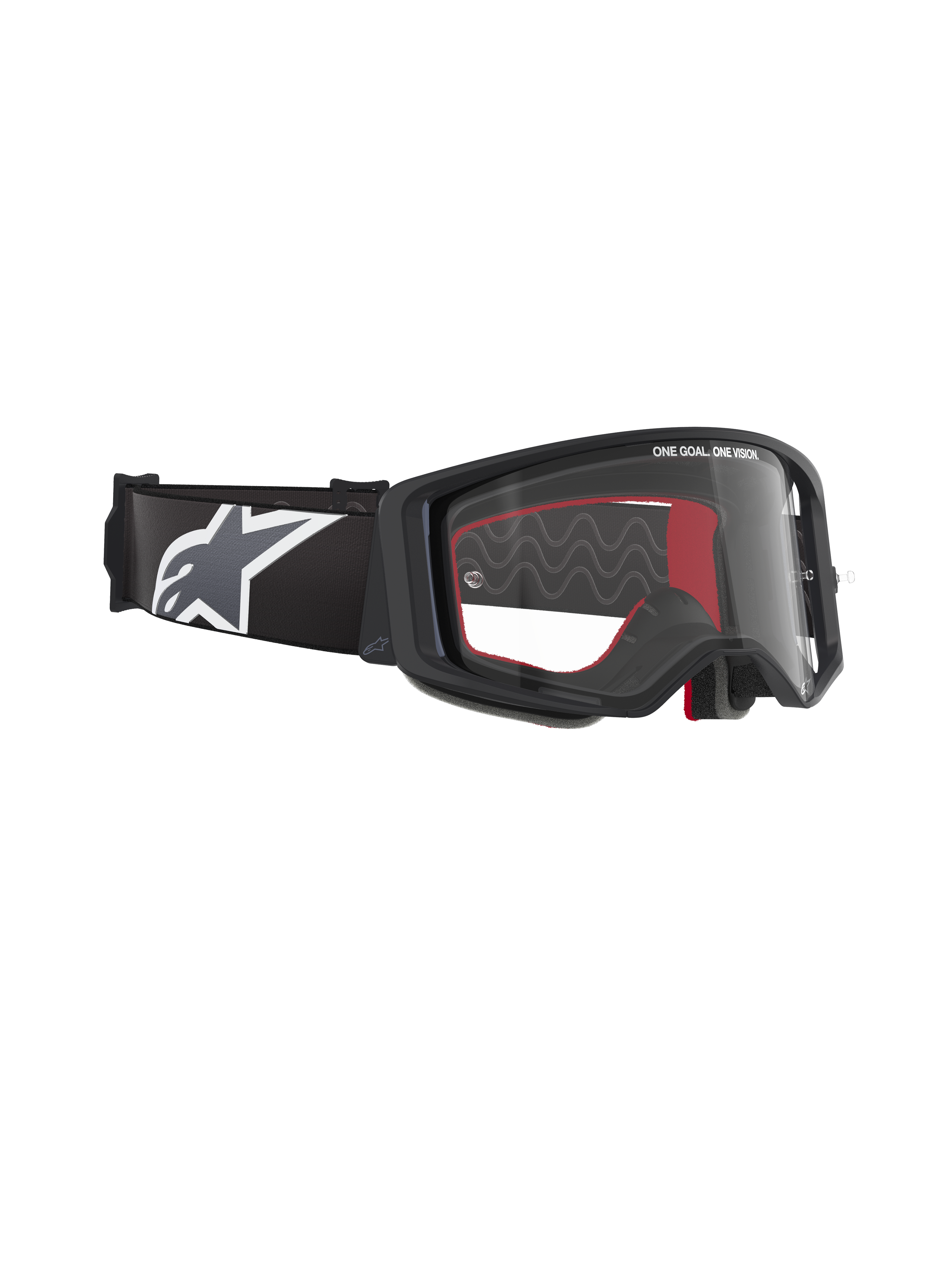 Alpinestars Supertech Corp crossbril, motorcrossbril, zwart frame met heldere lens, verstelbare zwarte band met groot wit Alpinestars ster-logo, rode schuimaccenten aan de binnenkant, professionele oogbescherming voor off-road racing