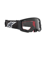 Alpinestars Supertech Corp Goggles, motorcrossbril, zwart grijs helder, met een heldere polycarbonaat lens, brede zwarte band met een grijs en wit Astars-logo, 3D-gevormd gezichtsschuim, hoogwaardige beschermende bril voor off-road racen