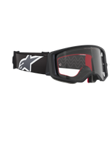 Alpinestars Supertech Corp Goggles, motorcrossbril, zwart grijs helder, met een heldere polycarbonaat lens, brede zwarte band met een grijs en wit Astars-logo, 3D-gevormd gezichtsschuim, hoogwaardige beschermende bril voor off-road racen