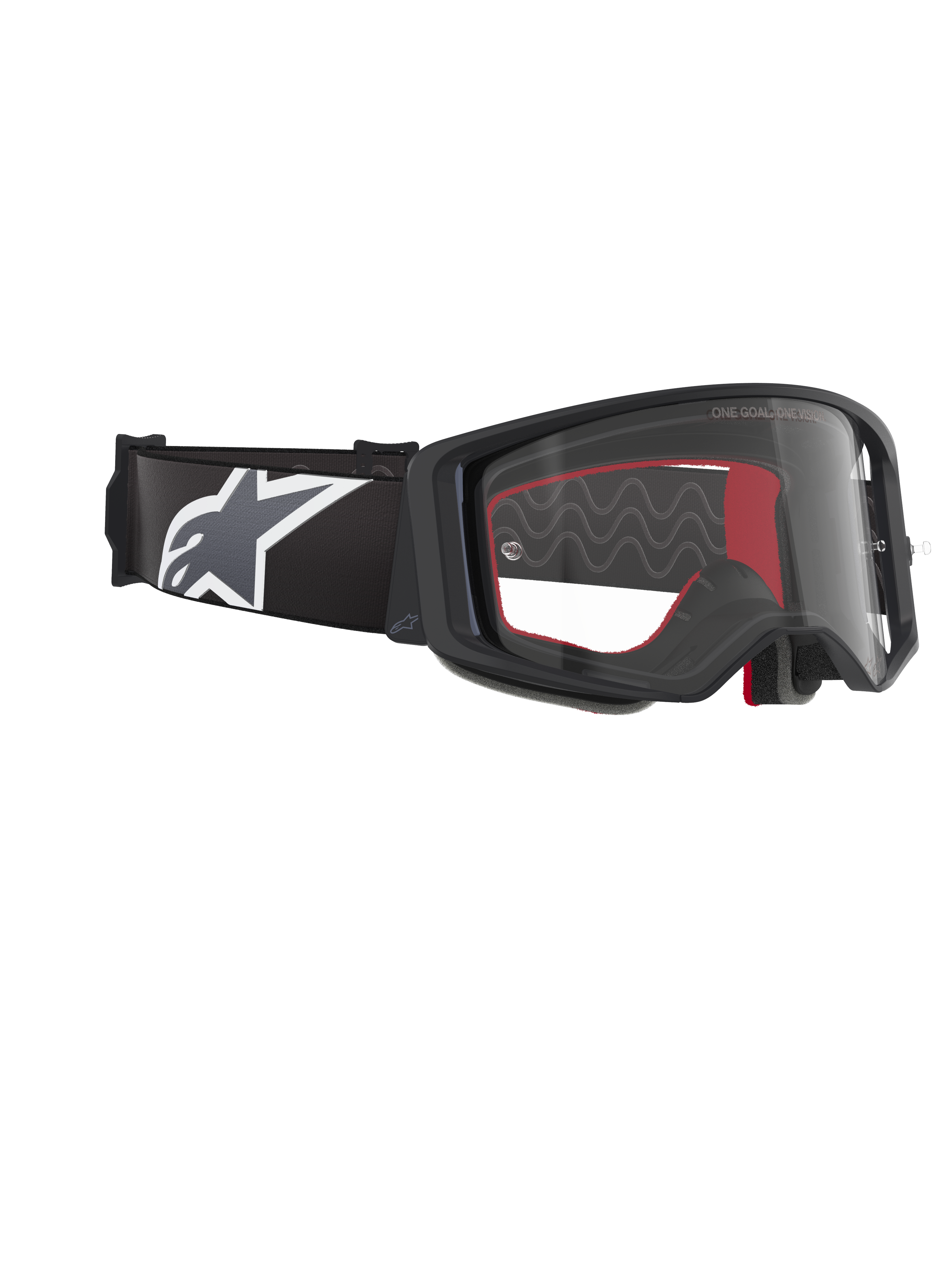Alpinestars Supertech Corp Goggles, motorcrossbril, zwart grijs helder, met een heldere polycarbonaat lens, brede zwarte band met een grijs en wit Astars-logo, 3D-gevormd gezichtsschuim, hoogwaardige beschermende bril voor off-road racen
