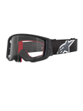 Alpinestars Supertech Corp Goggles, motorcrossbril, zwart, grijs en helder, heldere polycarbonaat lens met zwart frame, rood gezichtsschuim aan de binnenzijde, brede verstelbare band met groot wit en grijs Astars-logo, beschermende off-road bril