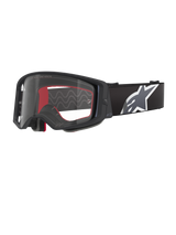 Alpinestars Supertech Corp Goggles, motorcrossbril, zwart, grijs en helder, heldere polycarbonaat lens met zwart frame, rood gezichtsschuim aan de binnenzijde, brede verstelbare band met groot wit en grijs Astars-logo, beschermende off-road bril