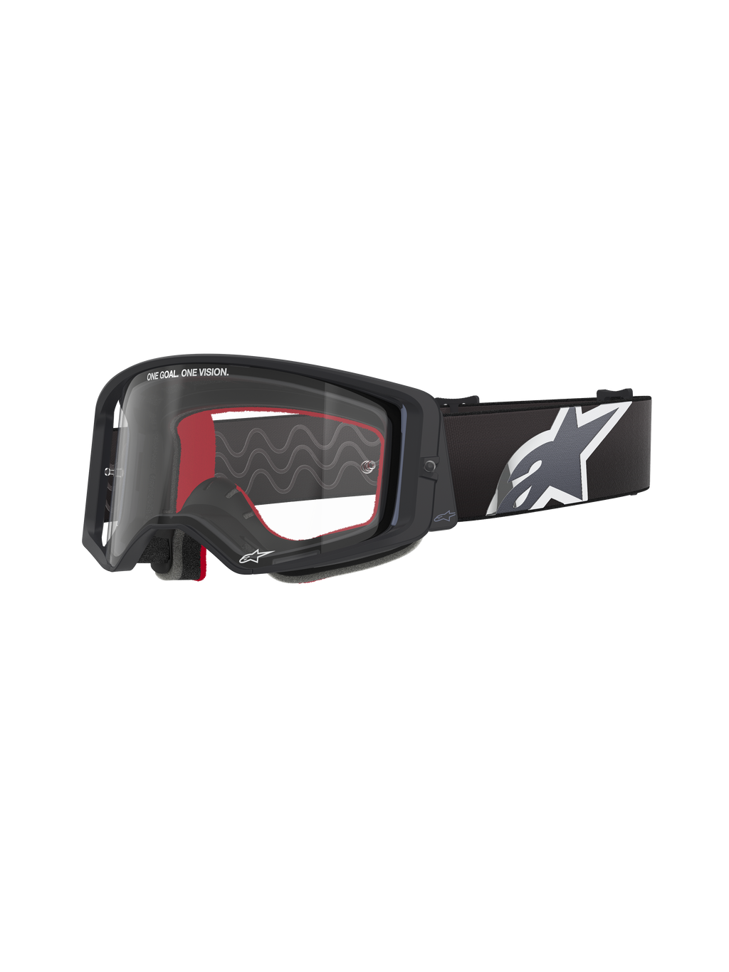 Alpinestars Supertech Corp crossbril, motorcross goggles, zwart met rode binnenkant, heldere lens, zwarte band met groot wit sterlogo, "ONE GOAL. ONE VISION." branding, hoogwaardige off-road bril