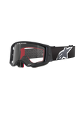 Alpinestars Supertech Corp crossbril, motorcross goggles, zwart met rode binnenkant, heldere lens, zwarte band met groot wit sterlogo, "ONE GOAL. ONE VISION." branding, hoogwaardige off-road bril