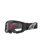 Alpinestars Supertech Corp crossbril, motorcross goggles, zwart met rode binnenkant, heldere lens, zwarte band met groot wit sterlogo, "ONE GOAL. ONE VISION." branding, hoogwaardige off-road bril