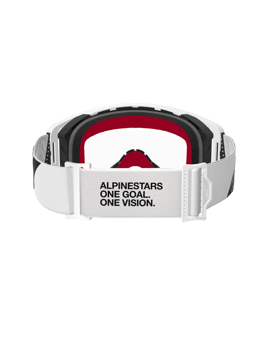 Alpinestars Supertech Corp Goggles, motorcrossbril, wit frame met heldere lens, achteraanzicht met witte verstelbare band voorzien van zwarte tekst 'ALPINESTARS ONE GOAL. ONE VISION.', zwart schuim met rode accenten, hoogwaardige off-road beschermende bril