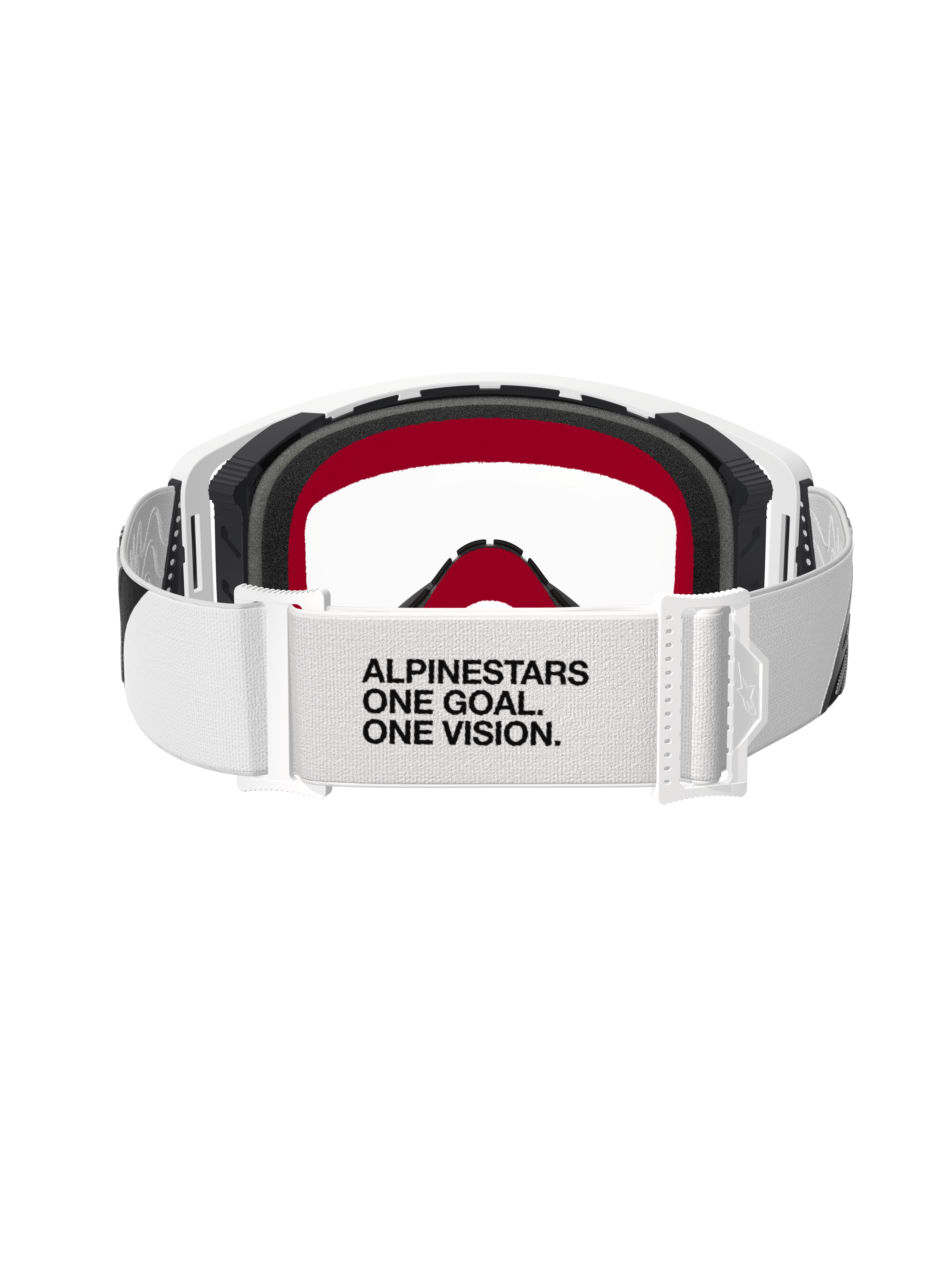 Alpinestars Supertech Corp Goggles, motorcrossbril, wit frame met heldere lens, achteraanzicht met witte verstelbare band voorzien van zwarte tekst 'ALPINESTARS ONE GOAL. ONE VISION.', zwart schuim met rode accenten, hoogwaardige off-road beschermende bril