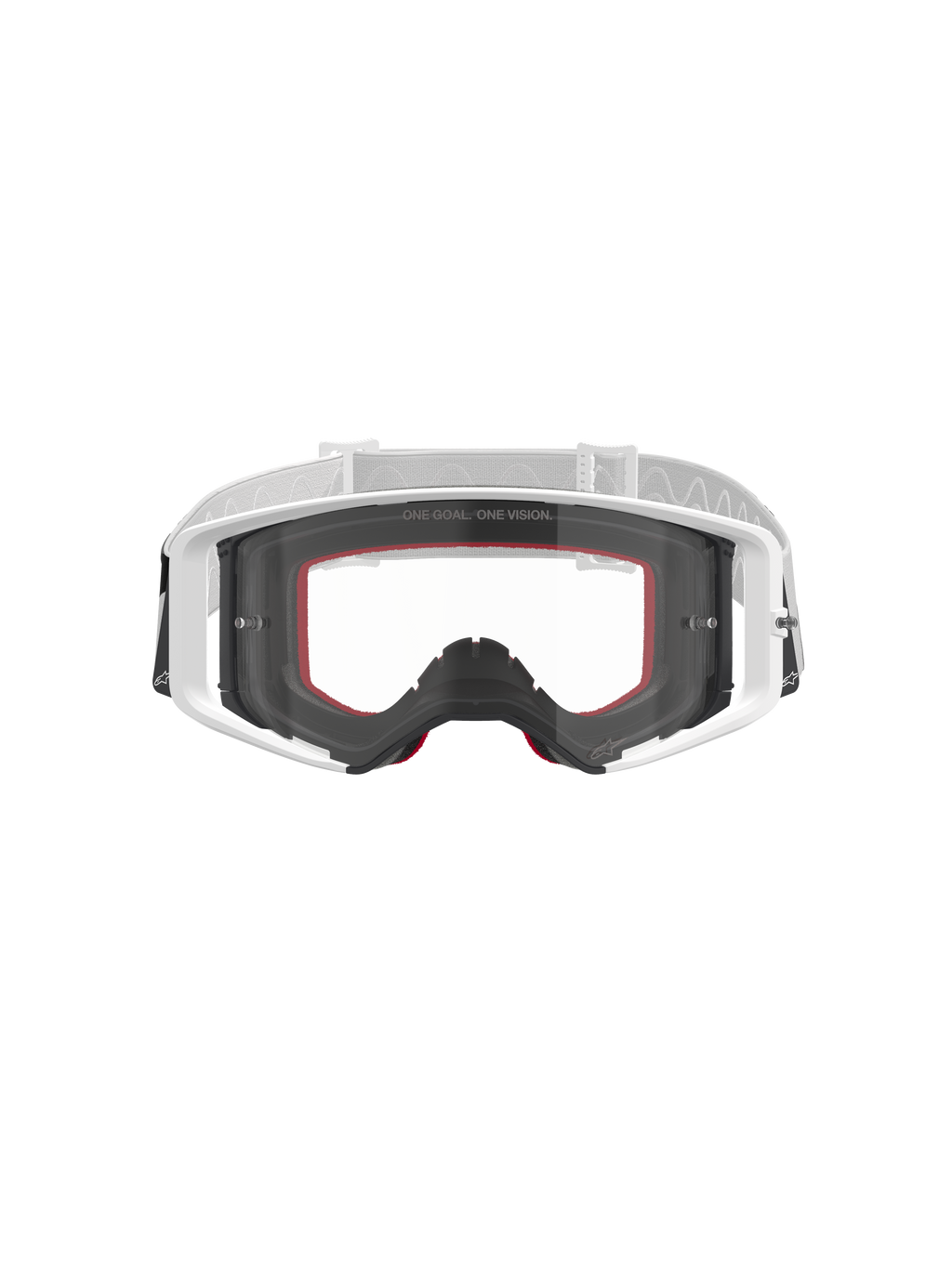 Alpinestars Supertech Corp Goggles, motorcrossbril, wit met heldere lens, witte en lichtgrijze verstelbare band, met 'ONE GOAL. ONE VISION.' tekst op de lens, rode accenten op het gezichtsschuim, hoogwaardige beschermende uitrusting voor off-road racen