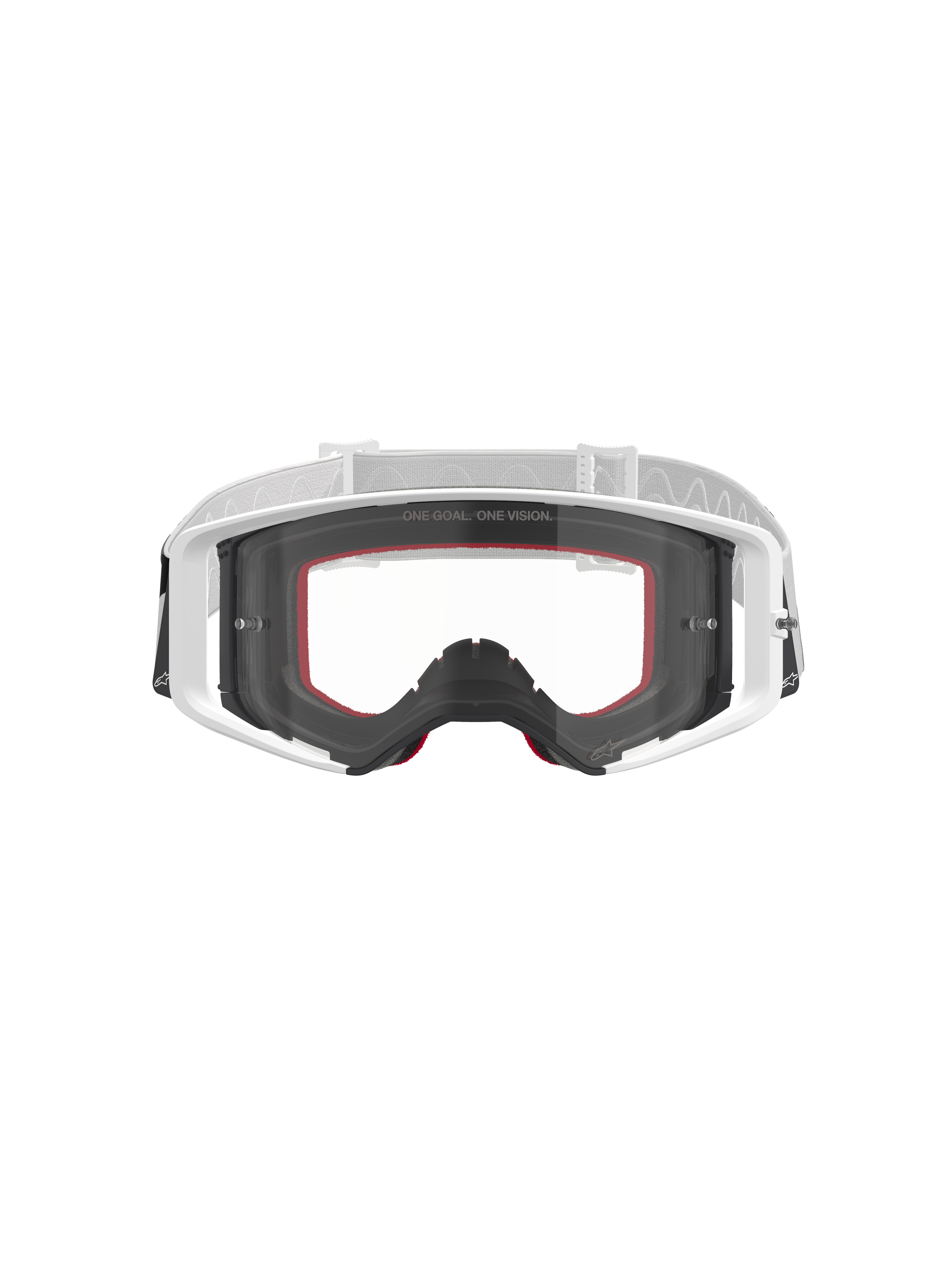 Alpinestars Supertech Corp Goggles, motorcrossbril, wit met heldere lens, witte en lichtgrijze verstelbare band, met 'ONE GOAL. ONE VISION.' tekst op de lens, rode accenten op het gezichtsschuim, hoogwaardige beschermende uitrusting voor off-road racen