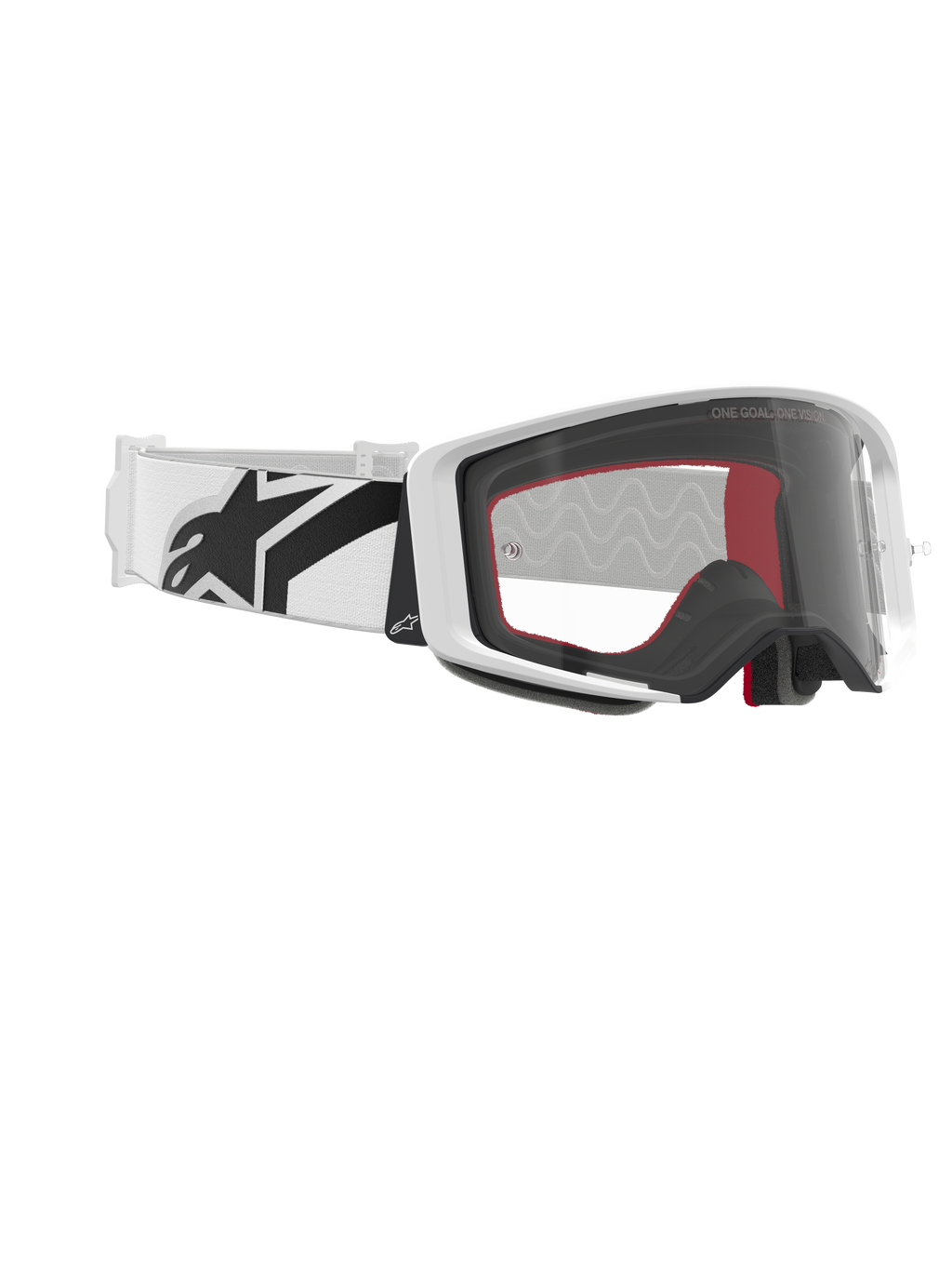 Alpinestars Supertech Corp Goggles, motorcrossbril, wit en helder, witte band met groot zwart Alpinestars-logo, heldere spuitgegoten lens, wit dubbel-geïnjecteerd frame, hoogwaardige oogbescherming voor off-road racen