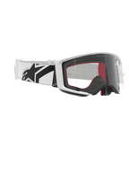 Alpinestars Supertech Corp Goggles, motorcrossbril, wit en helder, witte band met groot zwart Alpinestars-logo, heldere spuitgegoten lens, wit dubbel-geïnjecteerd frame, hoogwaardige oogbescherming voor off-road racen