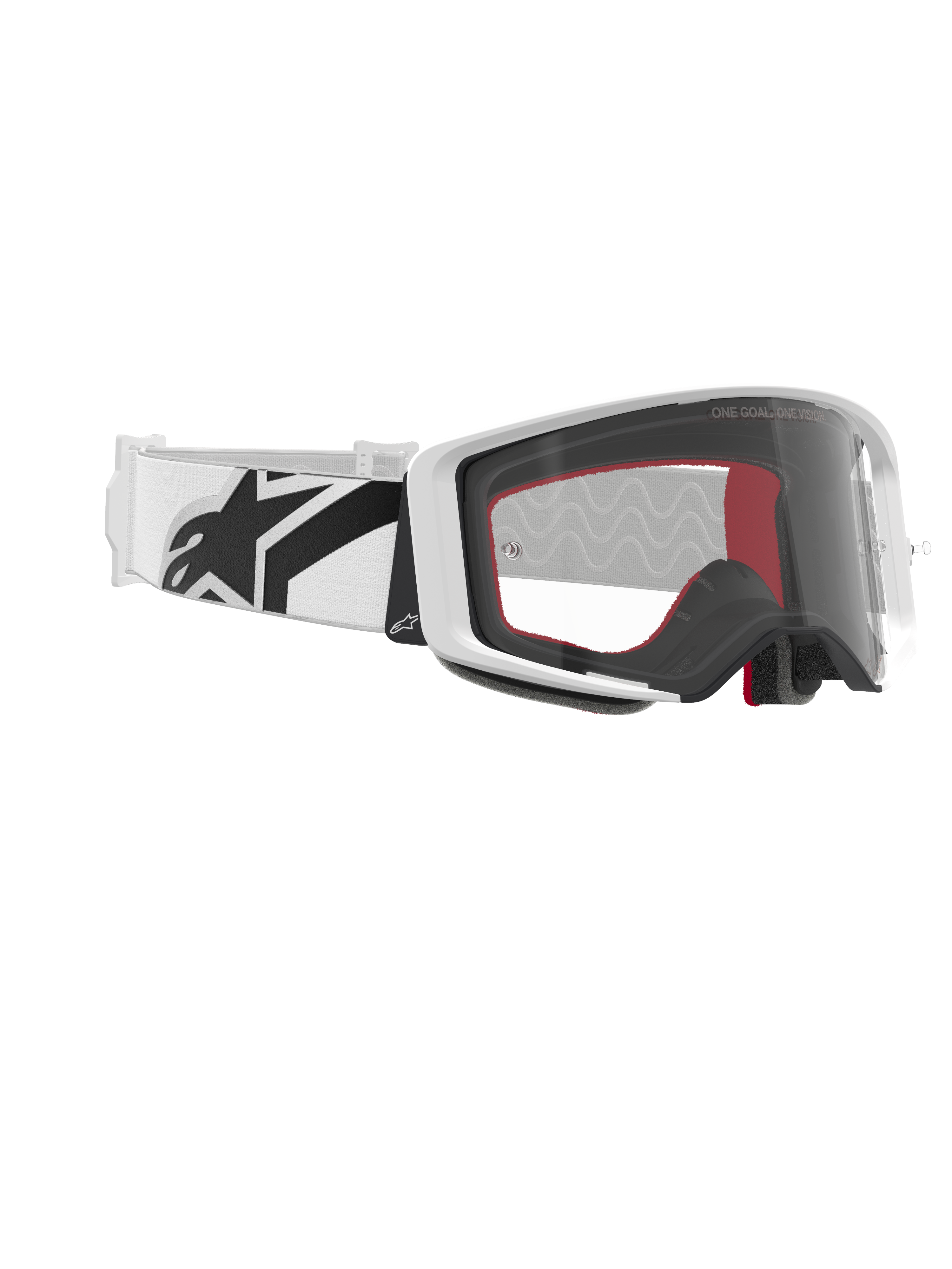 Alpinestars Supertech Corp Goggles, motorcrossbril, wit en helder, witte band met groot zwart Alpinestars-logo, heldere spuitgegoten lens, wit dubbel-geïnjecteerd frame, hoogwaardige oogbescherming voor off-road racen