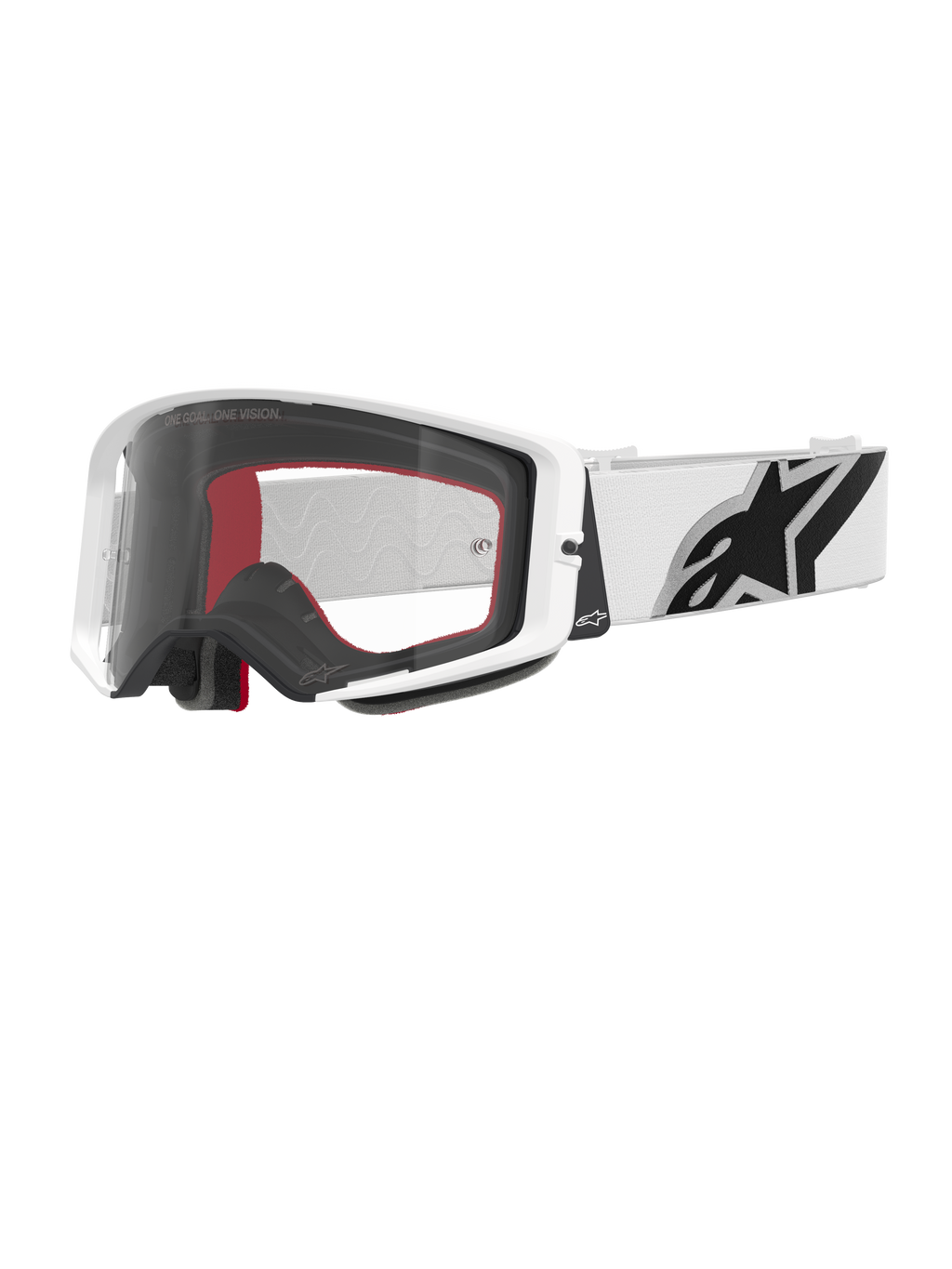 Alpinestars Supertech Corp Goggles, motorcrossbril, wit en helder, wit frame met heldere polycarbonaat lens, witte band met prominent zwart Alpinestars-logo, rood en zwart meerlaags gezichtsschuim