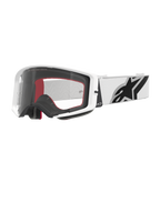 Alpinestars Supertech Corp Goggles, motorcrossbril, wit en helder, wit frame met heldere polycarbonaat lens, witte band met prominent zwart Alpinestars-logo, rood en zwart meerlaags gezichtsschuim