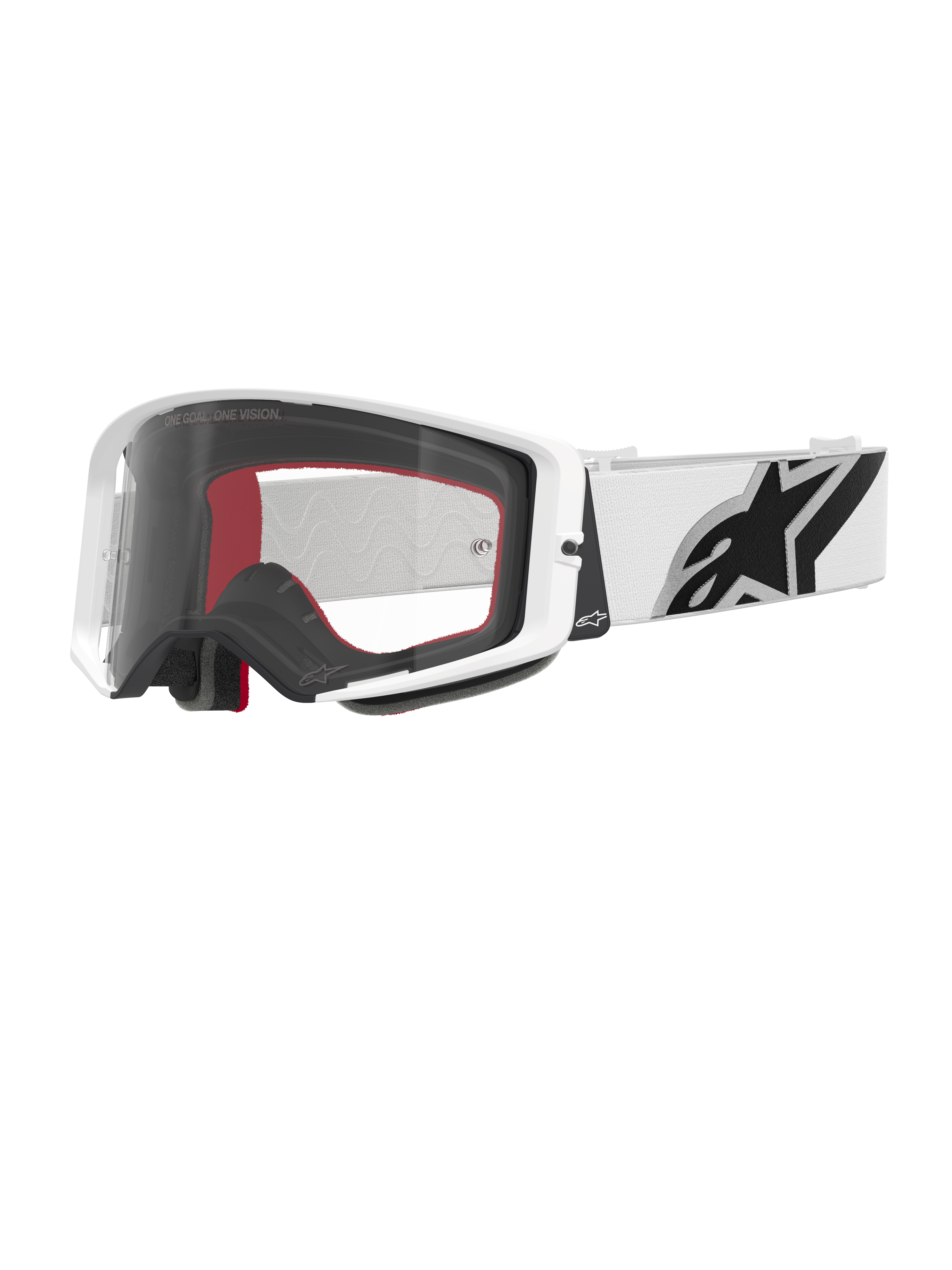 Alpinestars Supertech Corp Goggles, motorcrossbril, wit en helder, wit frame met heldere polycarbonaat lens, witte band met prominent zwart Alpinestars-logo, rood en zwart meerlaags gezichtsschuim