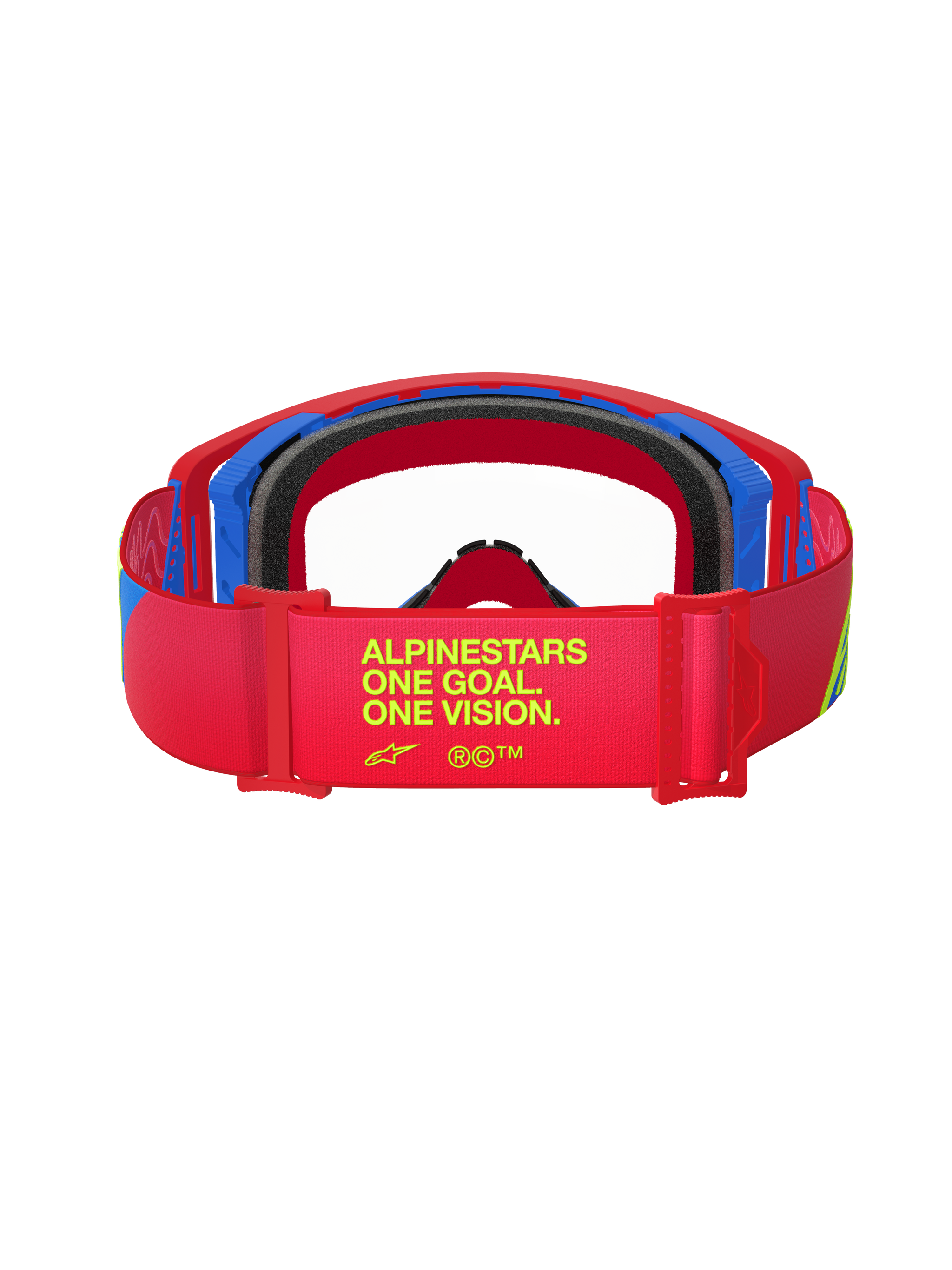 Alpinestars Supertech Corp Goggles, rood en blauw, achteraanzicht van de band met gele tekst 'ALPINESTARS ONE GOAL. ONE VISION.', zwart gezichtsschuim, off-road motorcrossbril