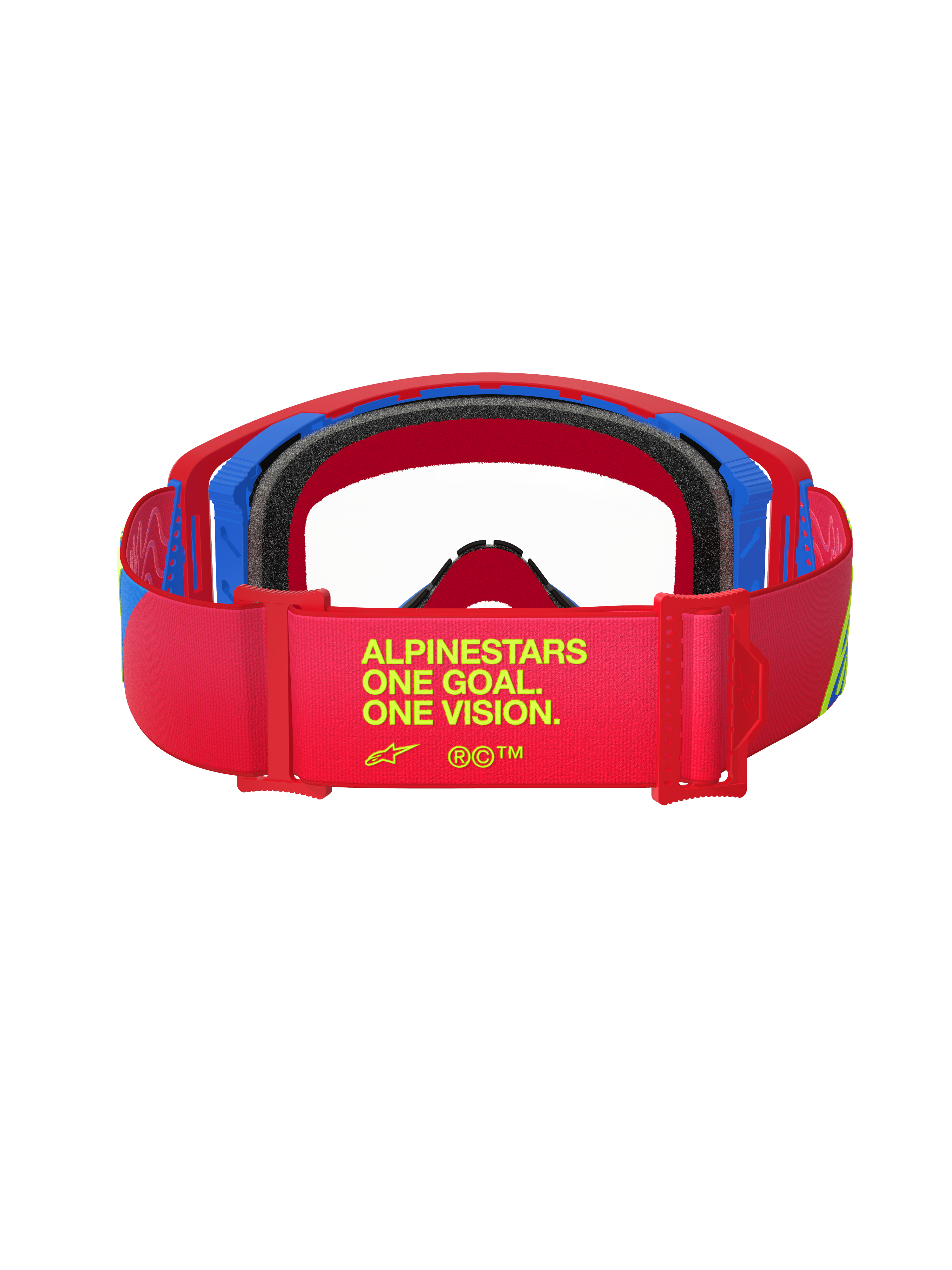 Alpinestars Supertech Corp Goggles, rood en blauw, achteraanzicht van de band met gele tekst 'ALPINESTARS ONE GOAL. ONE VISION.', zwart gezichtsschuim, off-road motorcrossbril