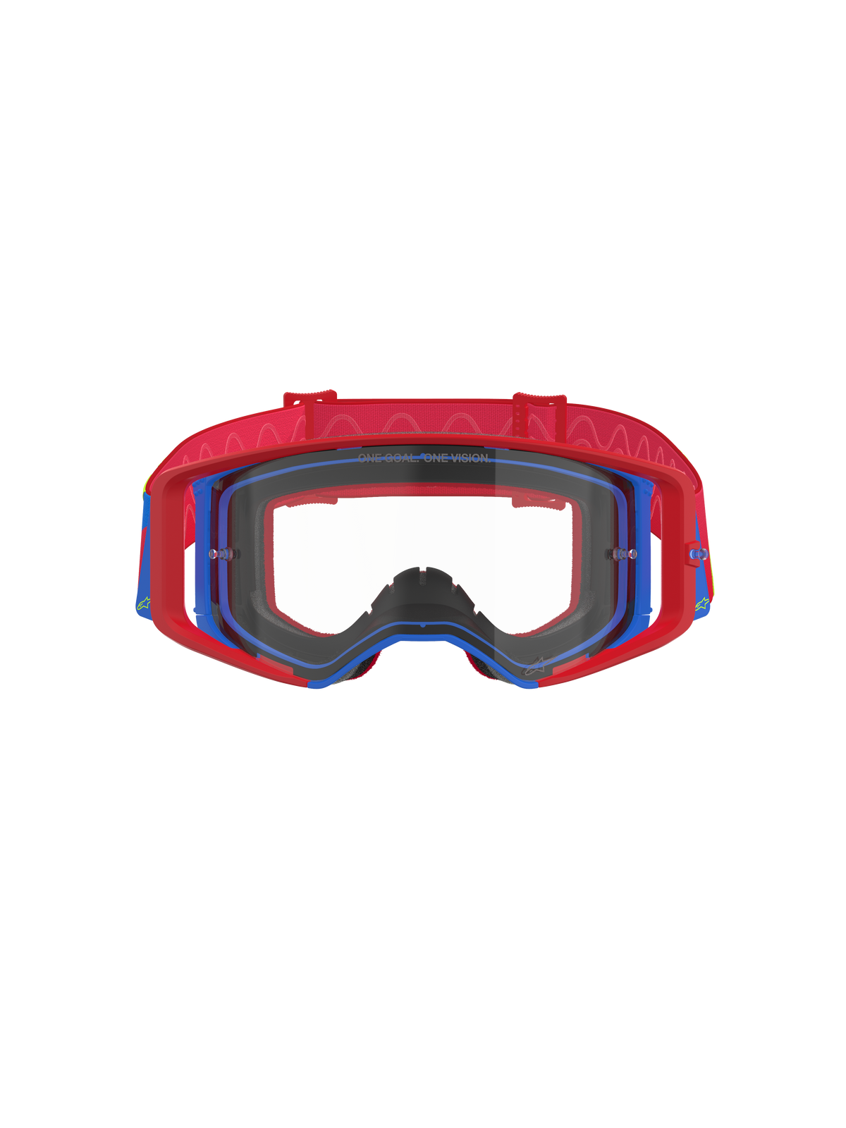 Alpinestars Supertech Corp motorcrossbril, rood en blauw met heldere lens, rood buitenframe en blauw binnenframe, rode band met gegolfd siliconenpatroon, performance eyewear voor off-road racen