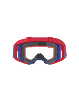 Alpinestars Supertech Corp motorcrossbril, rood en blauw met heldere lens, rood buitenframe en blauw binnenframe, rode band met gegolfd siliconenpatroon, performance eyewear voor off-road racen