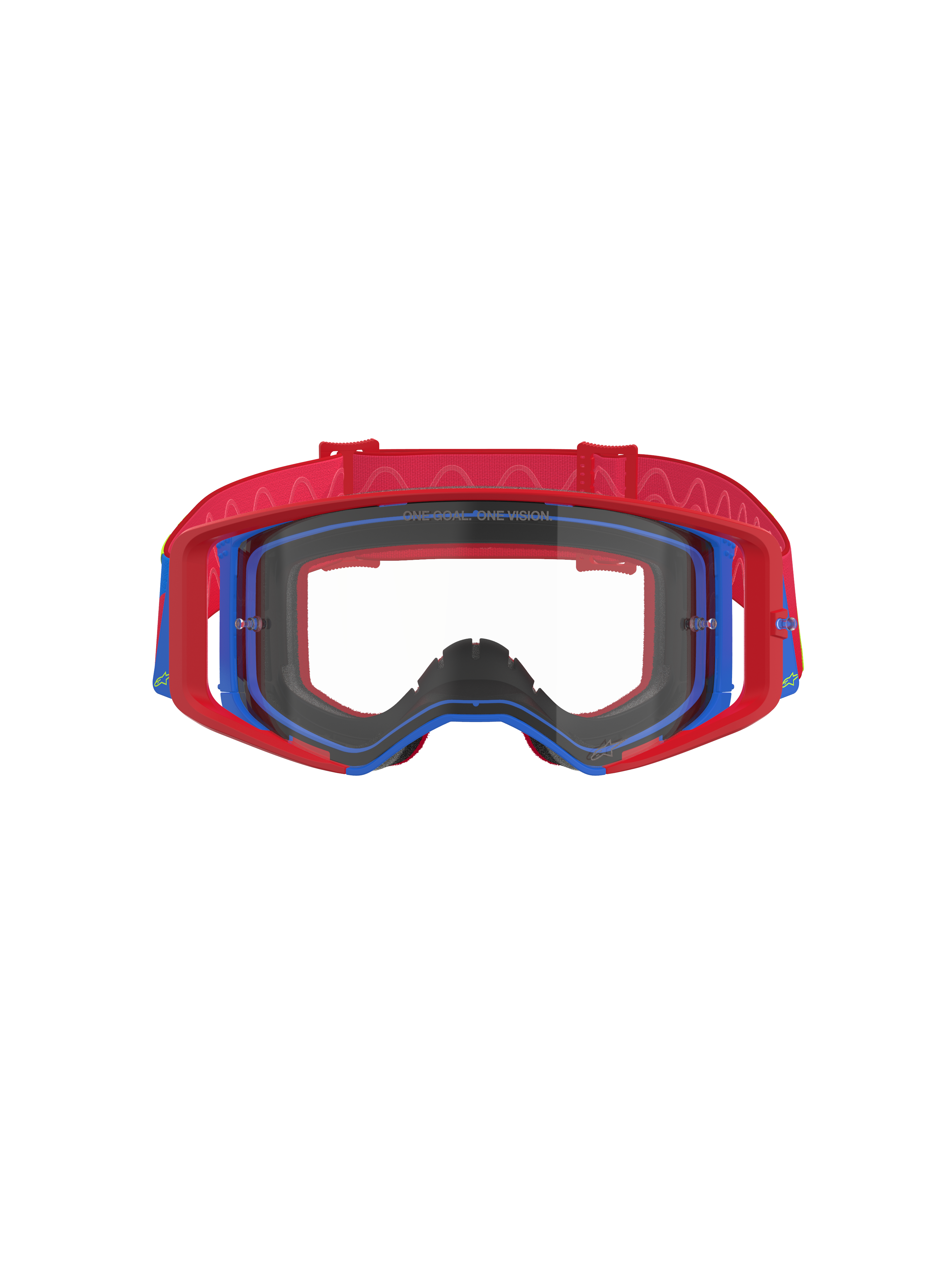 Alpinestars Supertech Corp motorcrossbril, rood en blauw met heldere lens, rood buitenframe en blauw binnenframe, rode band met gegolfd siliconenpatroon, performance eyewear voor off-road racen