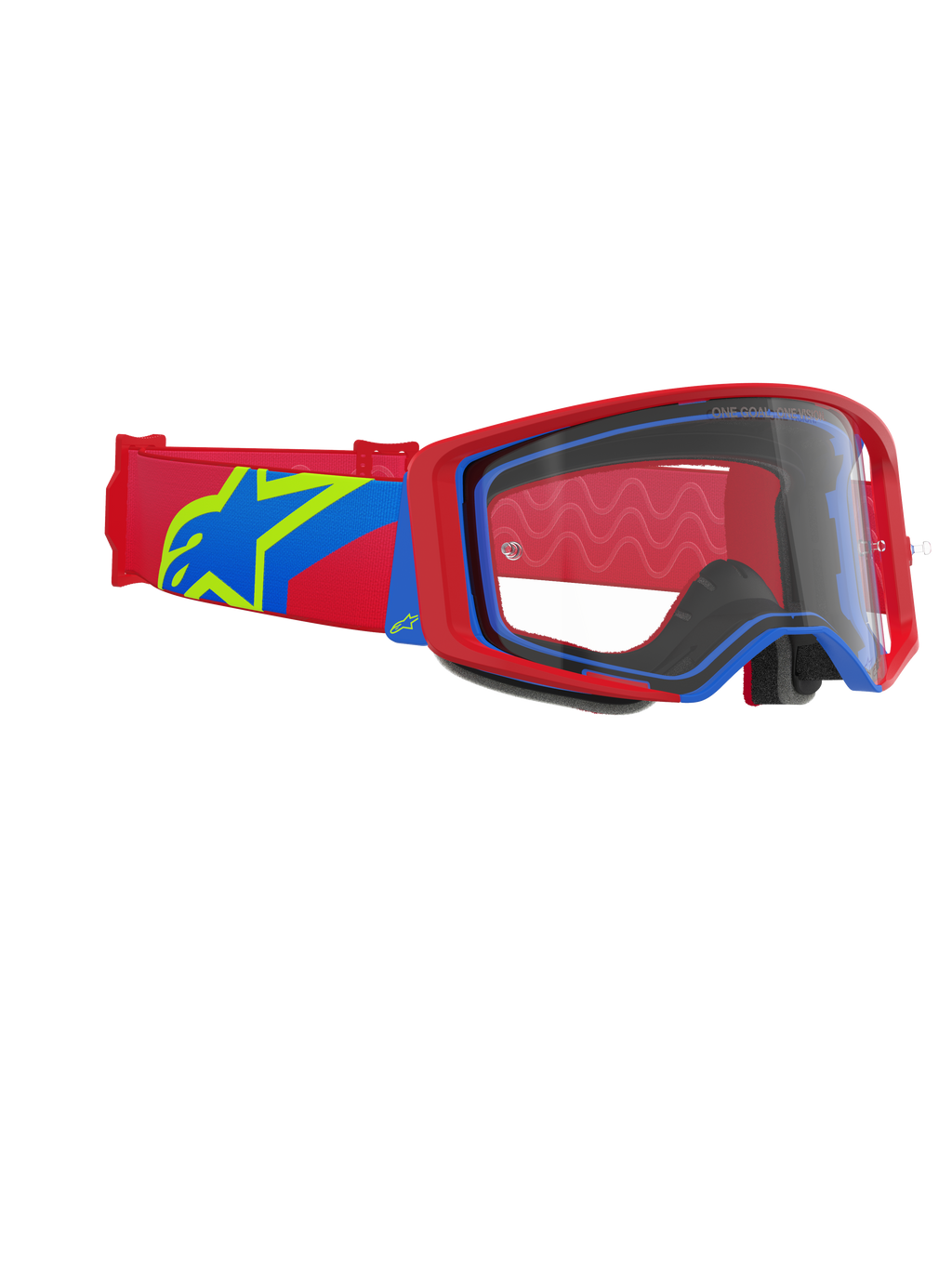 Alpinestars Supertech Corp Goggles, motocrossbril, rood en blauw frame met een heldere lens, rode en blauwe band met een groot geel en blauw sterlogo, professionele oogbescherming voor off-road racen