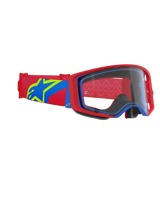 Alpinestars Supertech Corp Goggles, motocrossbril, rood en blauw frame met een heldere lens, rode en blauwe band met een groot geel en blauw sterlogo, professionele oogbescherming voor off-road racen
