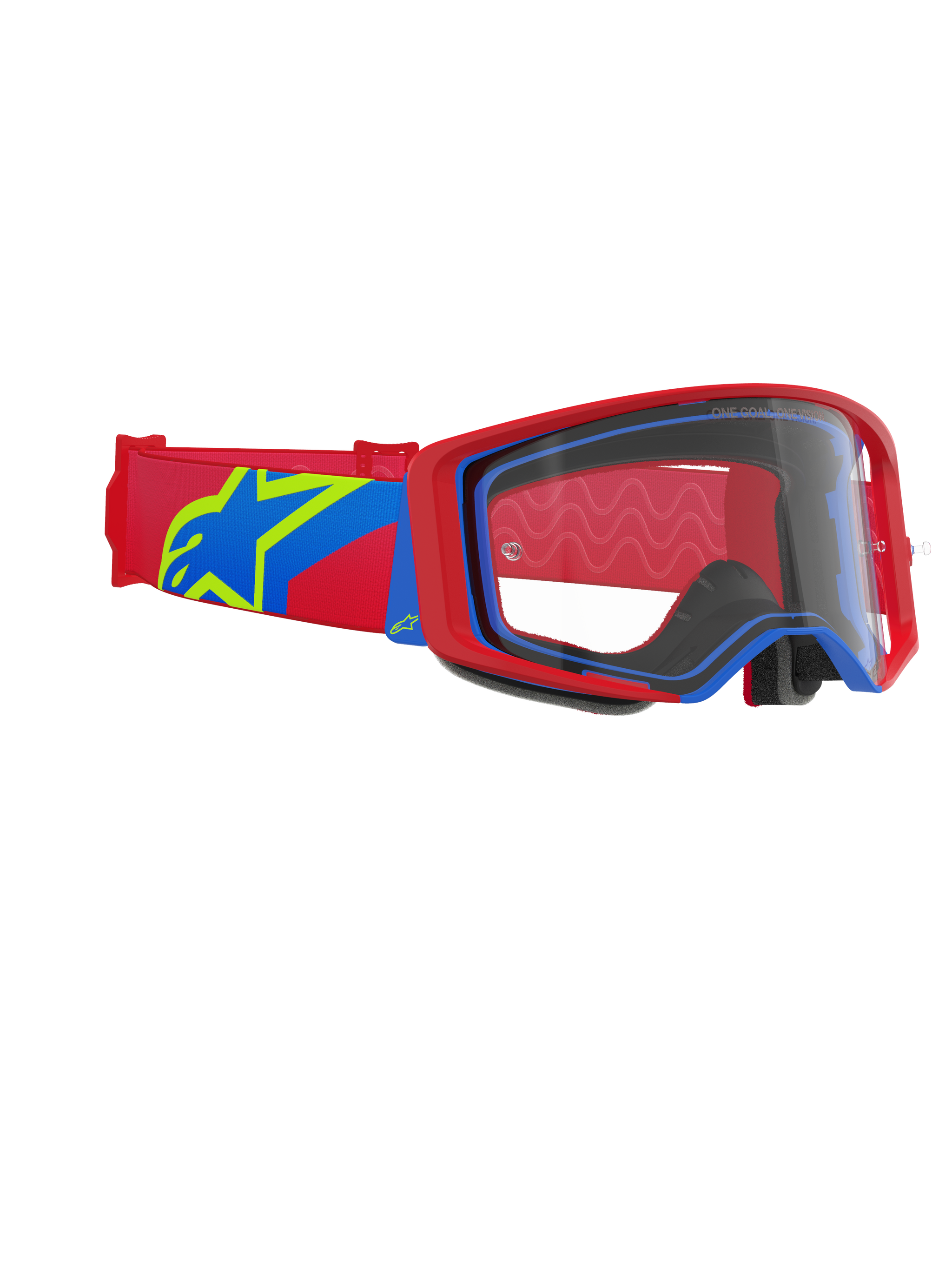 Alpinestars Supertech Corp Goggles, motocrossbril, rood en blauw frame met een heldere lens, rode en blauwe band met een groot geel en blauw sterlogo, professionele oogbescherming voor off-road racen