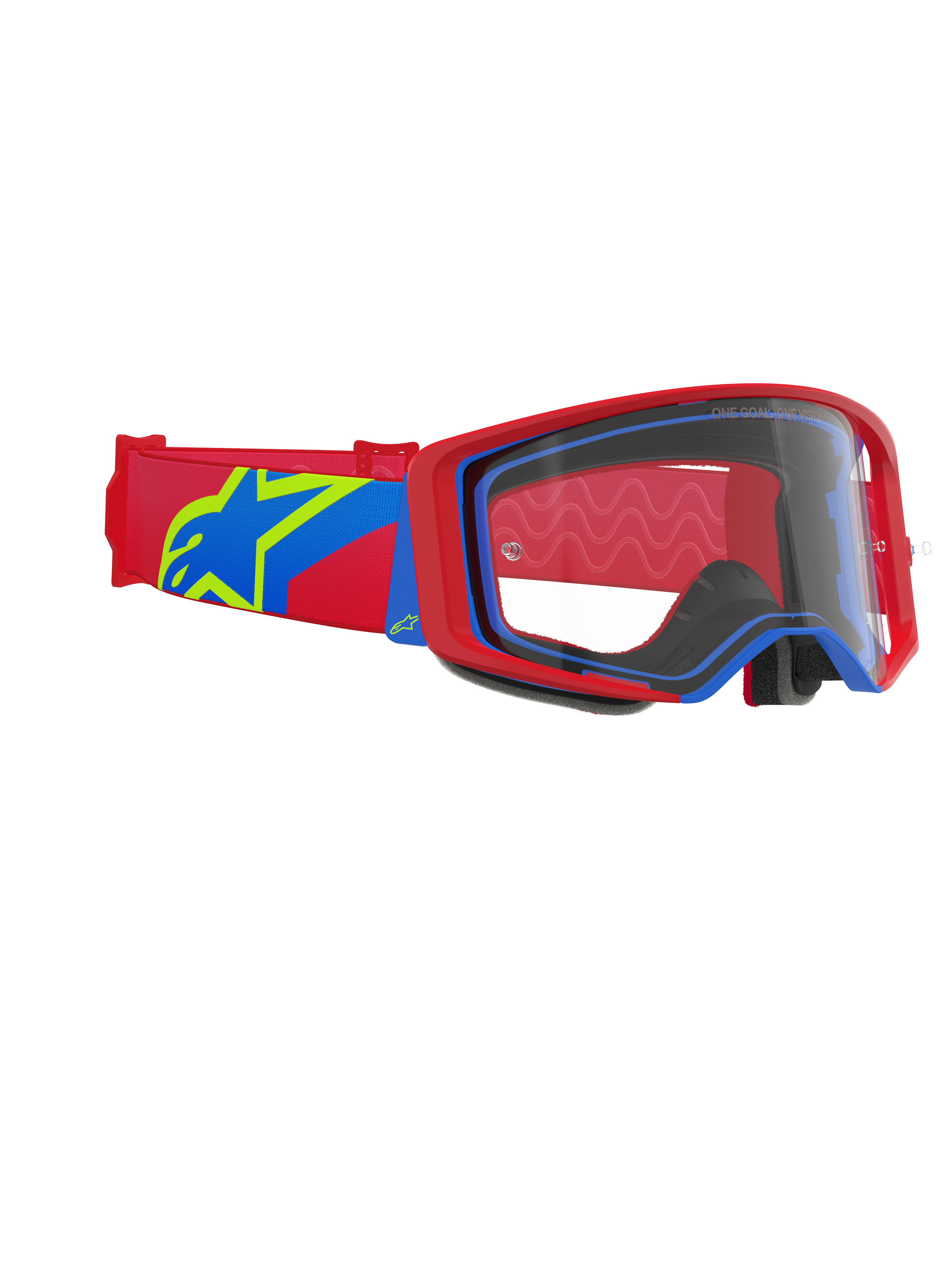 Alpinestars Supertech Corp Goggles, motocrossbril, rood en blauw frame met een heldere lens, rode en blauwe band met een groot geel en blauw sterlogo, professionele oogbescherming voor off-road racen