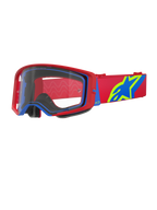 Alpinestars Supertech Corp Goggles, motorcrossbril, rood en blauw met heldere lens, voorzien van een rode verstelbare band met een groot blauw en limoengroen sterlogo, meerlaags gezichtsschuim voor comfort, hoogwaardige oogbescherming voor off-road racen