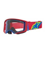 Alpinestars Supertech Corp Goggles, motorcrossbril, rood en blauw met heldere lens, voorzien van een rode verstelbare band met een groot blauw en limoengroen sterlogo, meerlaags gezichtsschuim voor comfort, hoogwaardige oogbescherming voor off-road racen