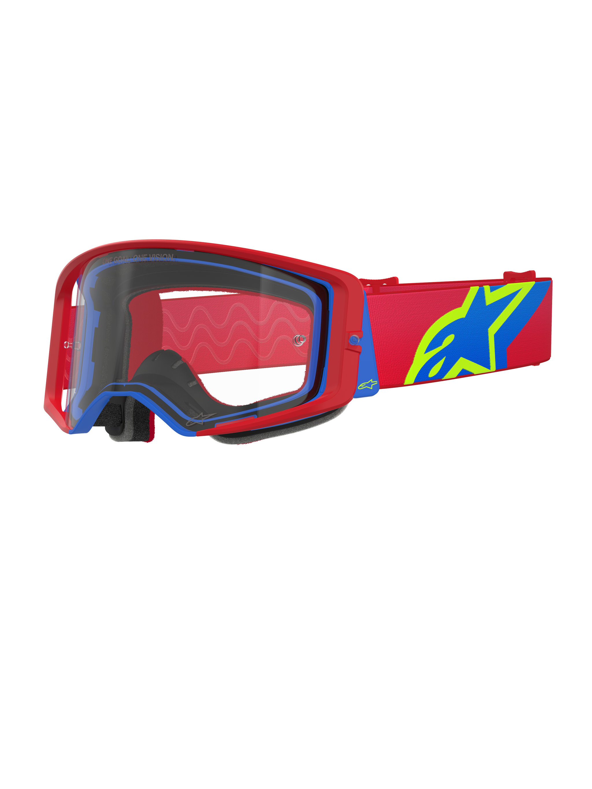 Alpinestars Supertech Corp Goggles, motorcrossbril, rood en blauw met heldere lens, voorzien van een rode verstelbare band met een groot blauw en limoengroen sterlogo, meerlaags gezichtsschuim voor comfort, hoogwaardige oogbescherming voor off-road racen