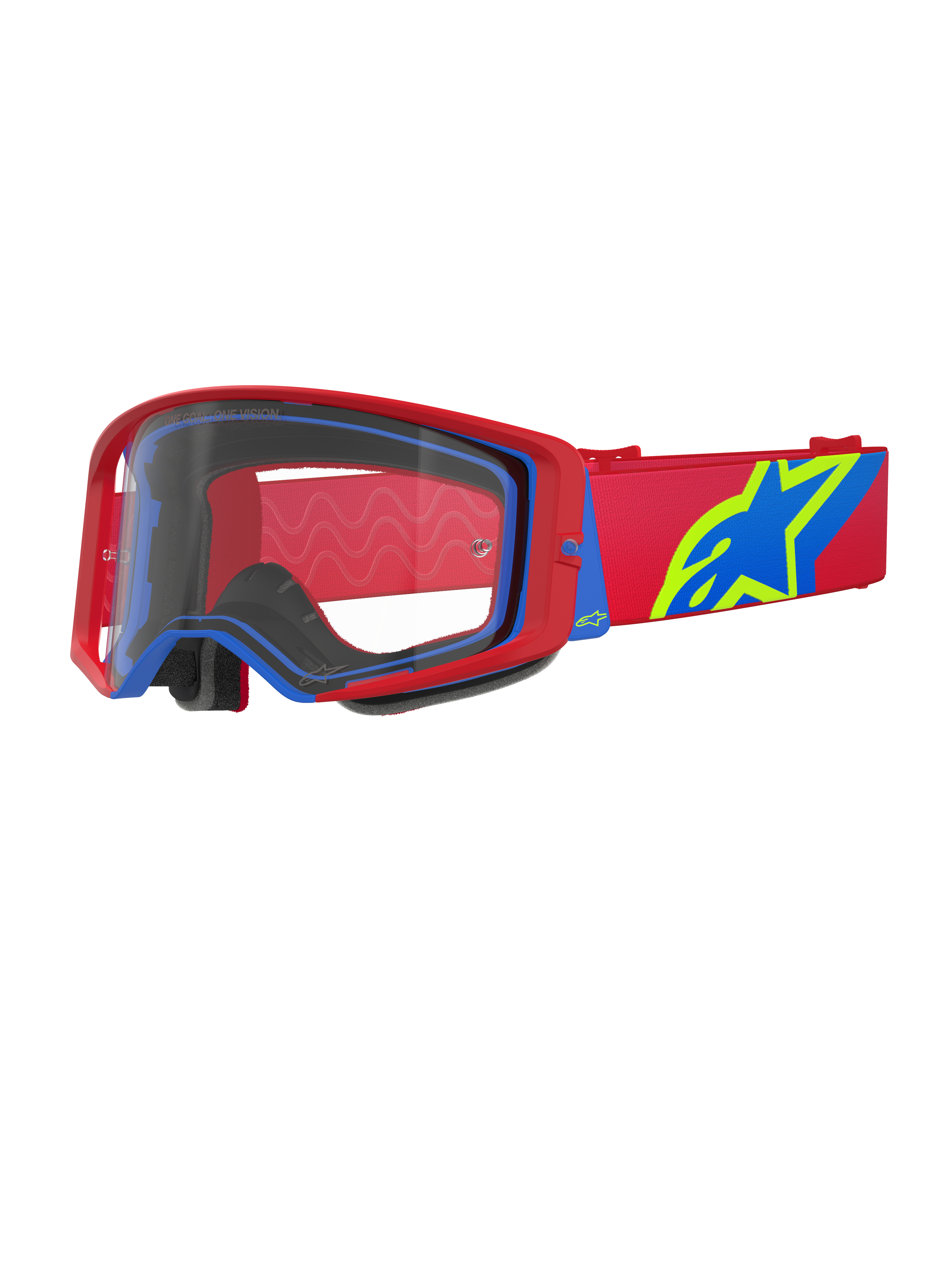 Alpinestars Supertech Corp Goggles, motorcrossbril, rood en blauw met heldere lens, voorzien van een rode verstelbare band met een groot blauw en limoengroen sterlogo, meerlaags gezichtsschuim voor comfort, hoogwaardige oogbescherming voor off-road racen