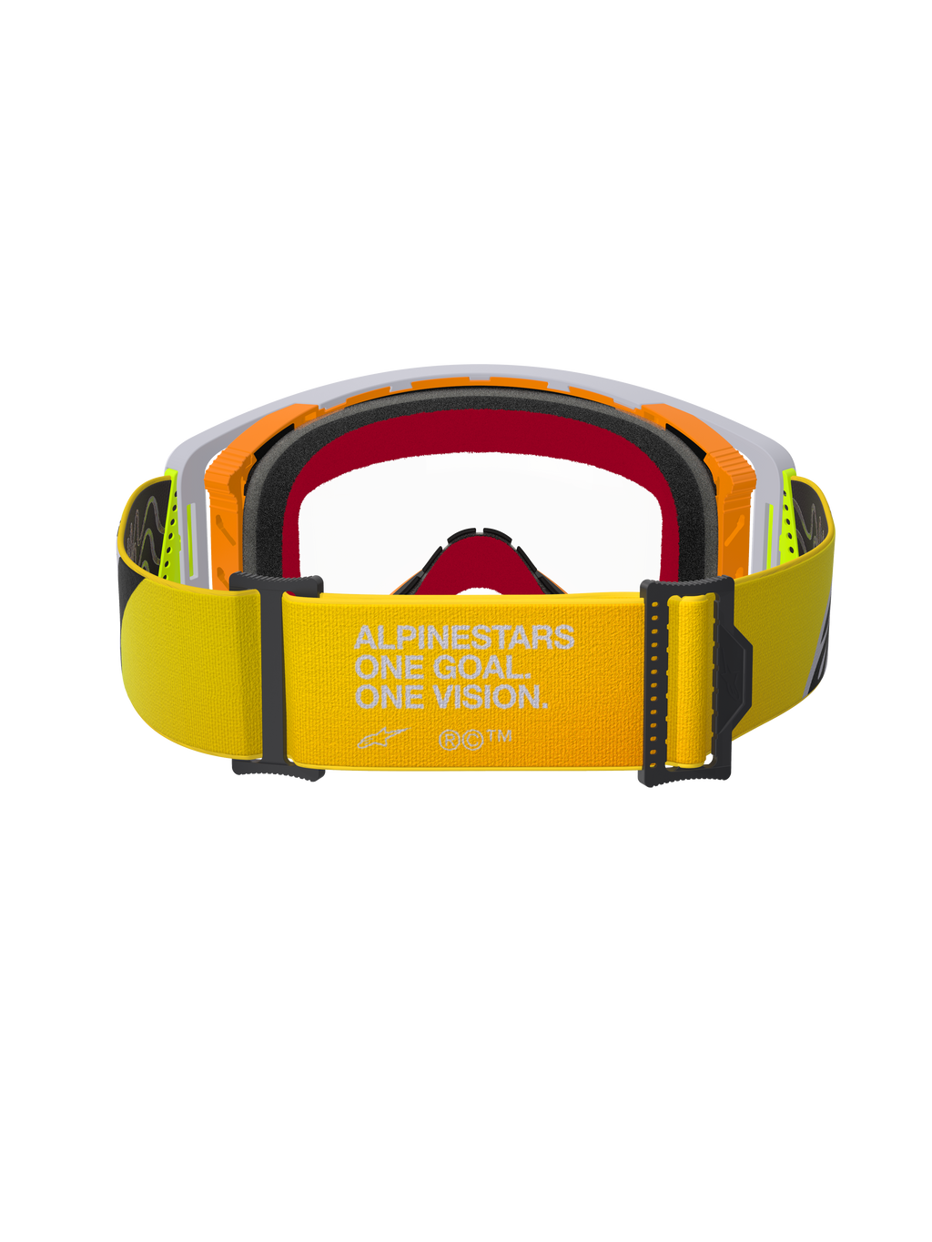 Alpinestars Supertech Corp Goggles, motorcrossbril, fluo geel en grijs, achteraanzicht met focus op de gele band met witte 'ALPINESTARS ONE GOAL. ONE VISION.' branding, meerlaags gezichtsschuim en duurzaam frame-ontwerp voor off-road racing