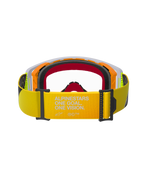 Alpinestars Supertech Corp Goggles, motorcrossbril, fluo geel en grijs, achteraanzicht met focus op de gele band met witte 'ALPINESTARS ONE GOAL. ONE VISION.' branding, meerlaags gezichtsschuim en duurzaam frame-ontwerp voor off-road racing