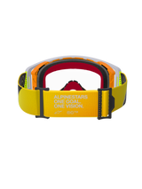 Alpinestars Supertech Corp Goggles, motorcrossbril, fluo geel en grijs, achteraanzicht met focus op de gele band met witte 'ALPINESTARS ONE GOAL. ONE VISION.' branding, meerlaags gezichtsschuim en duurzaam frame-ontwerp voor off-road racing