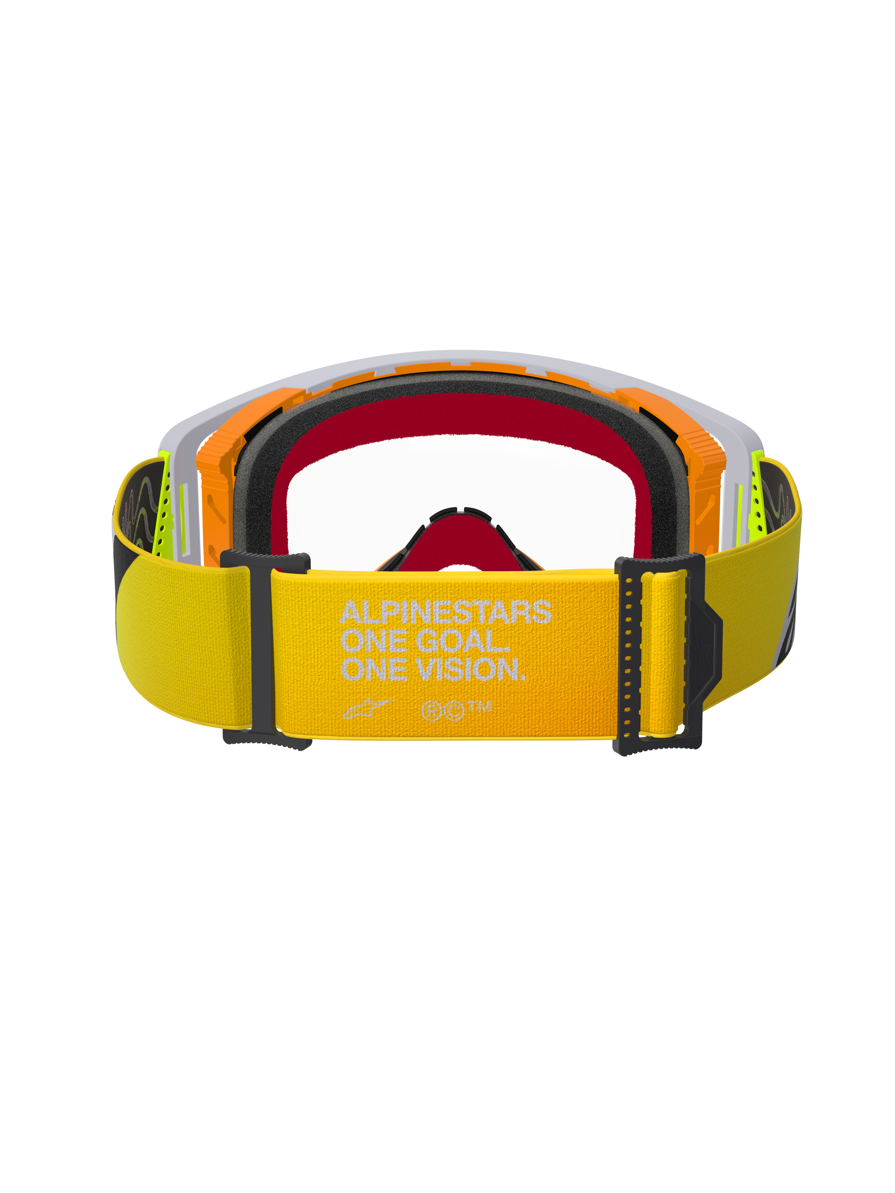 Alpinestars Supertech Corp Goggles, motorcrossbril, fluo geel en grijs, achteraanzicht met focus op de gele band met witte 'ALPINESTARS ONE GOAL. ONE VISION.' branding, meerlaags gezichtsschuim en duurzaam frame-ontwerp voor off-road racing