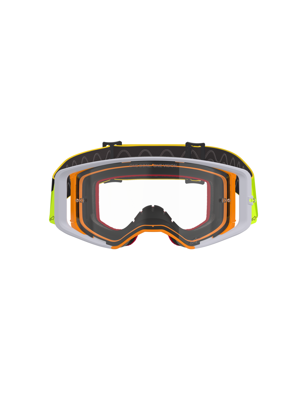 Alpinestars Supertech Corp Goggles, motorcrossbril, fluogeel en wit frame met heldere lens, grijze accenten, zwarte verstelbare band met gele branding en interne siliconen grip, hoogwaardige bril voor off-road racing.