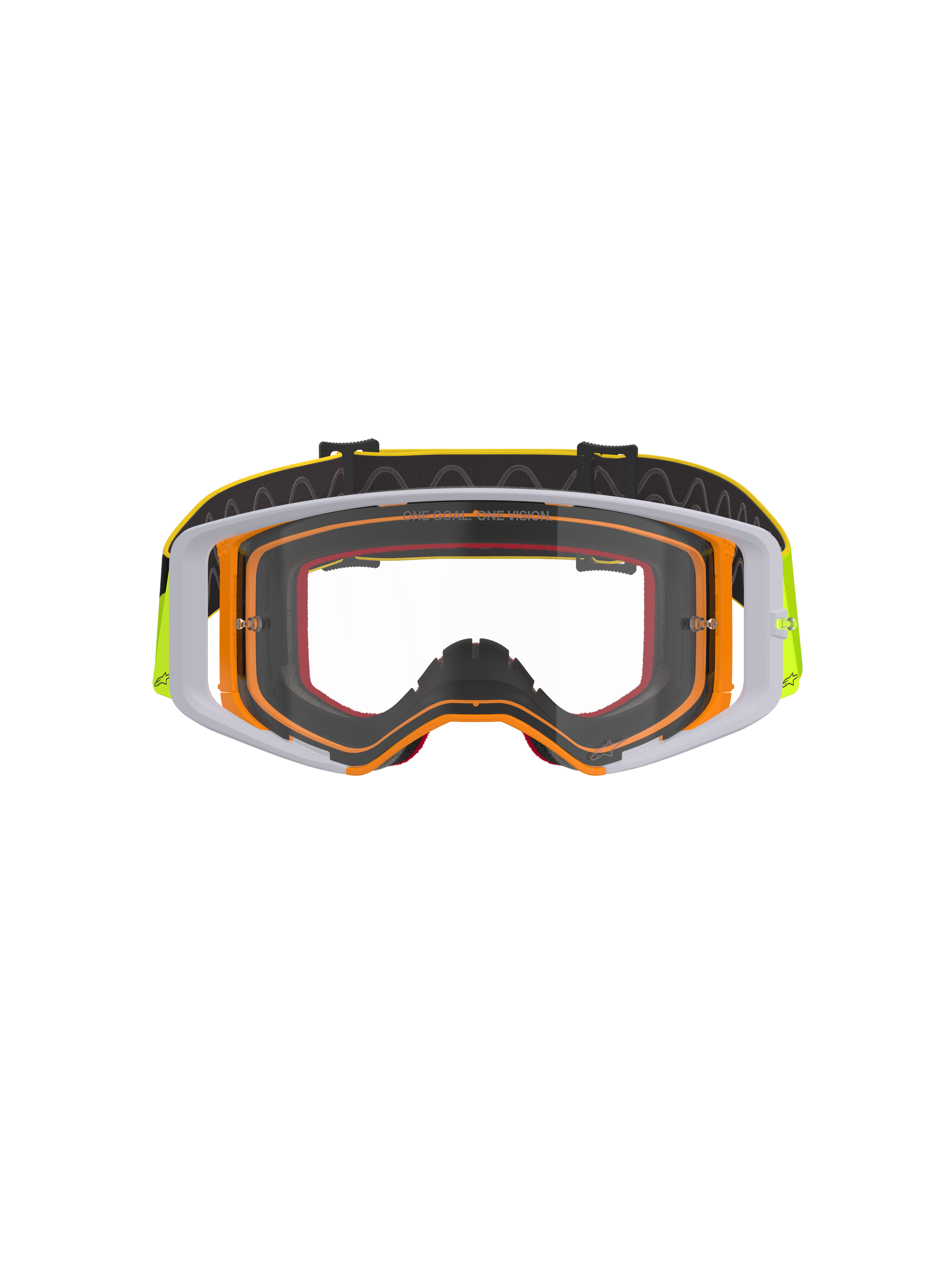 Alpinestars Supertech Corp Goggles, motorcrossbril, fluogeel en wit frame met heldere lens, grijze accenten, zwarte verstelbare band met gele branding en interne siliconen grip, hoogwaardige bril voor off-road racing.