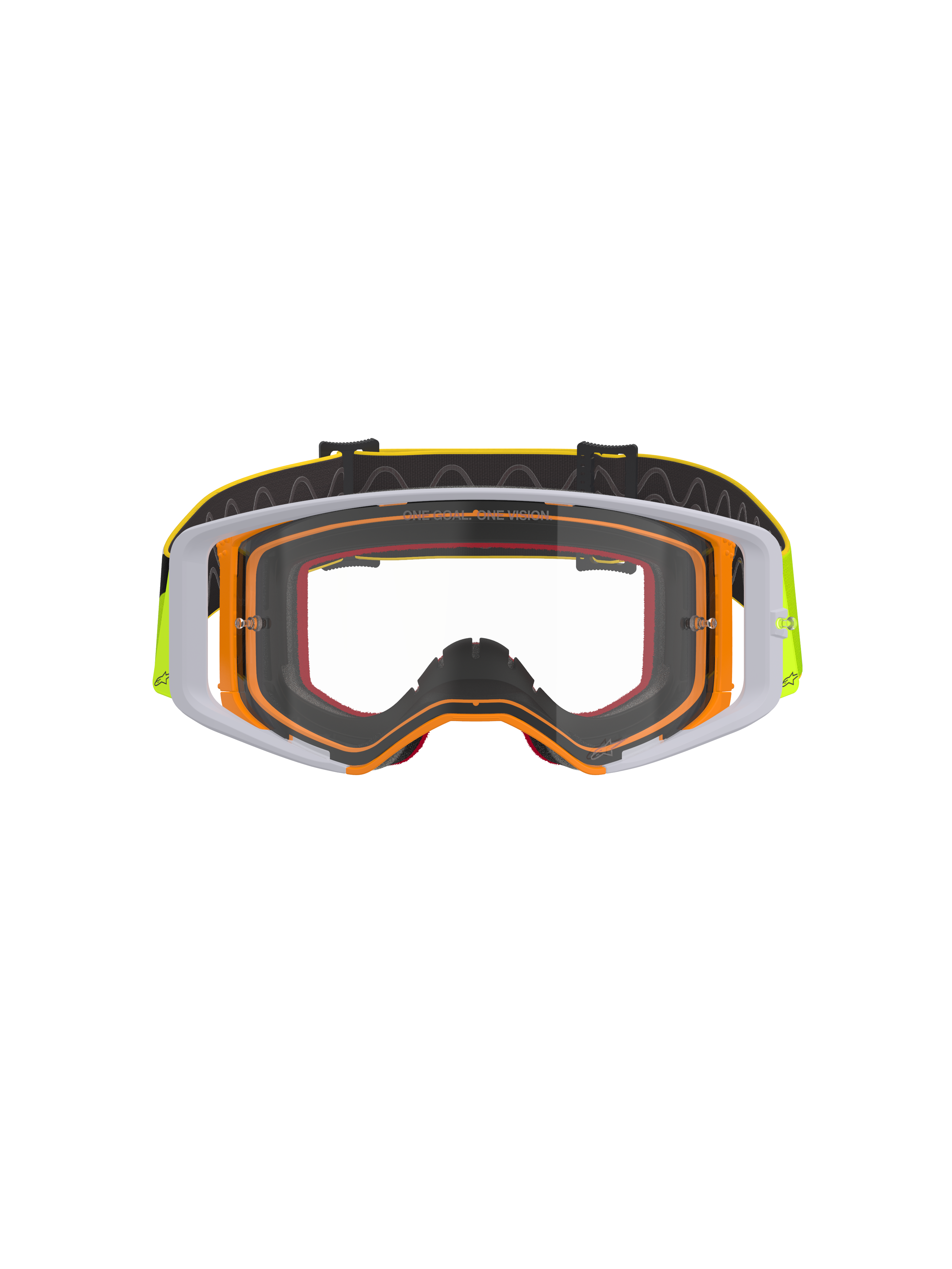 Alpinestars Supertech Corp Goggles, motorcrossbril, fluogeel en wit frame met heldere lens, grijze accenten, zwarte verstelbare band met gele branding en interne siliconen grip, hoogwaardige bril voor off-road racing.