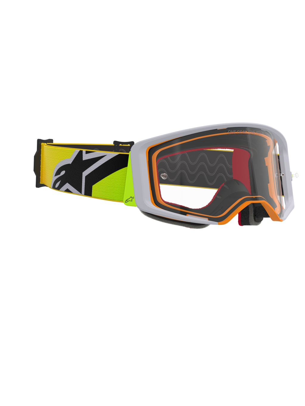 Alpinestars Supertech Corp Goggles, motocrossbril, fluogeel en grijs, heldere lens met oranje frame-accenten, voorzien van een fluogele band met een zwart Alpinestars-logo voor off-road racing.