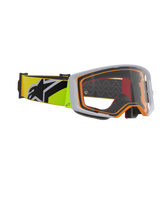 Alpinestars Supertech Corp Goggles, motocrossbril, fluogeel en grijs, heldere lens met oranje frame-accenten, voorzien van een fluogele band met een zwart Alpinestars-logo voor off-road racing.