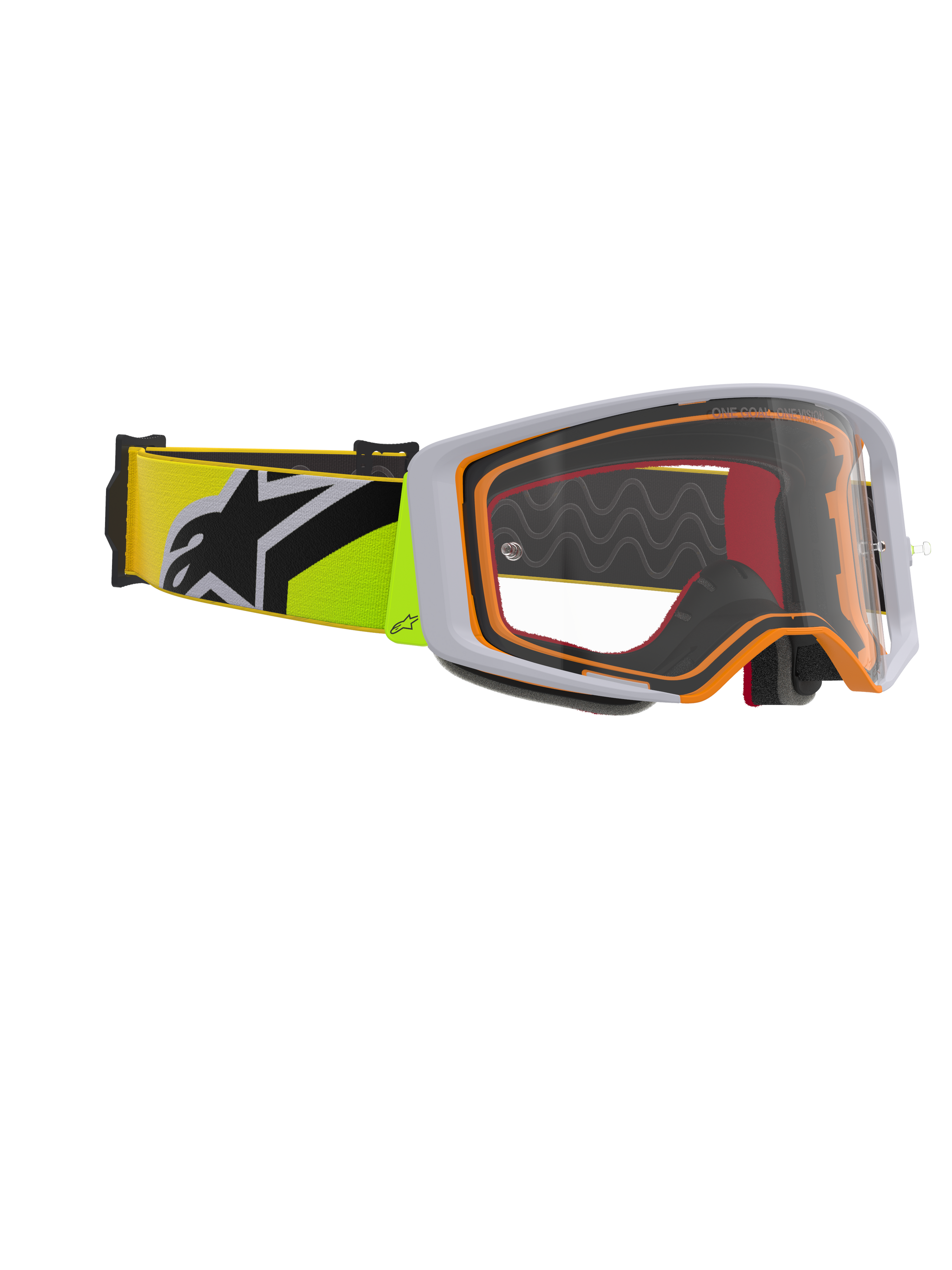 Alpinestars Supertech Corp Goggles, motocrossbril, fluogeel en grijs, heldere lens met oranje frame-accenten, voorzien van een fluogele band met een zwart Alpinestars-logo voor off-road racing.