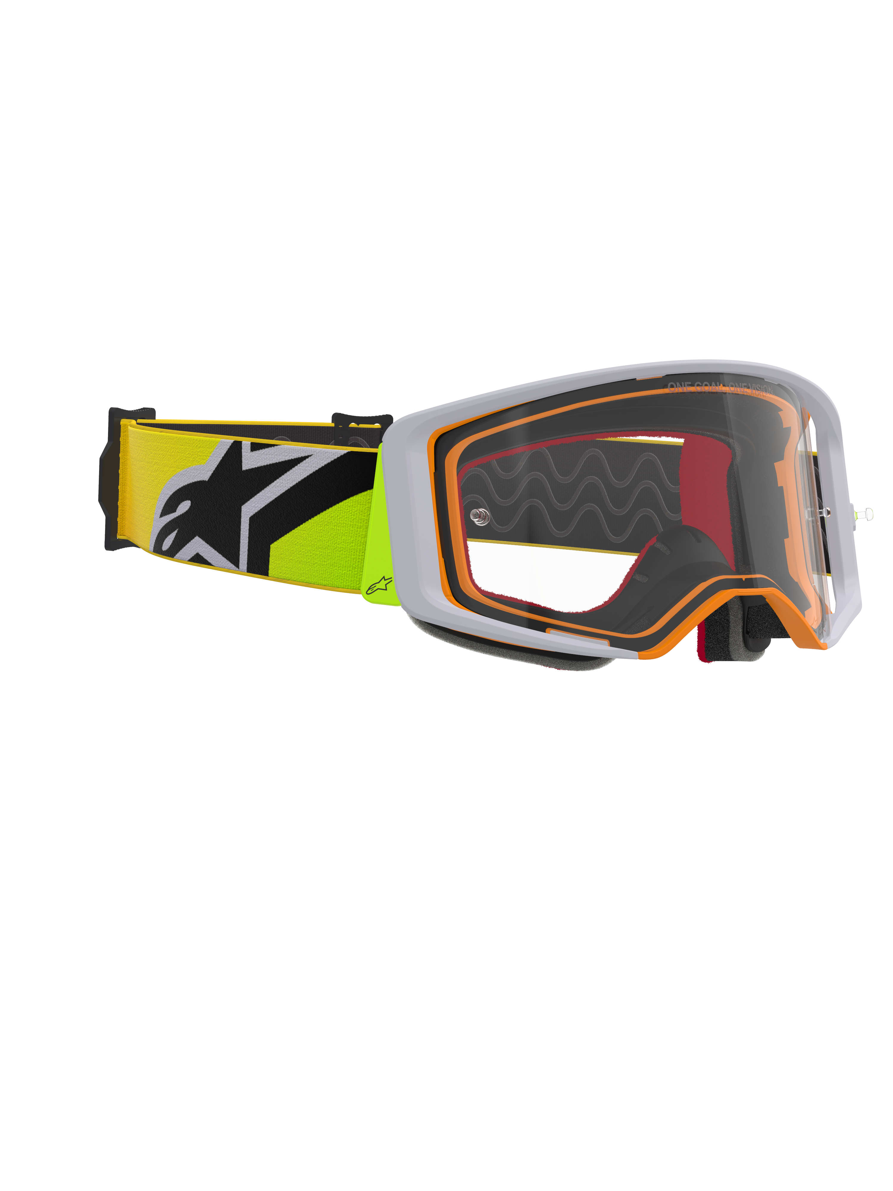 Alpinestars Supertech Corp Goggles, motocrossbril, fluogeel en grijs, heldere lens met oranje frame-accenten, voorzien van een fluogele band met een zwart Alpinestars-logo voor off-road racing.