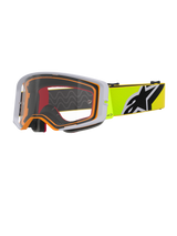 Alpinestars Supertech Corp Goggles, motorcrossbril, fluo geel grijs helder, grijs buitenframe met oranje binnenafdichting, heldere lens, felgele band met zwart-wit Alpinestars-logo, hoogwaardige bril voor off-road racing