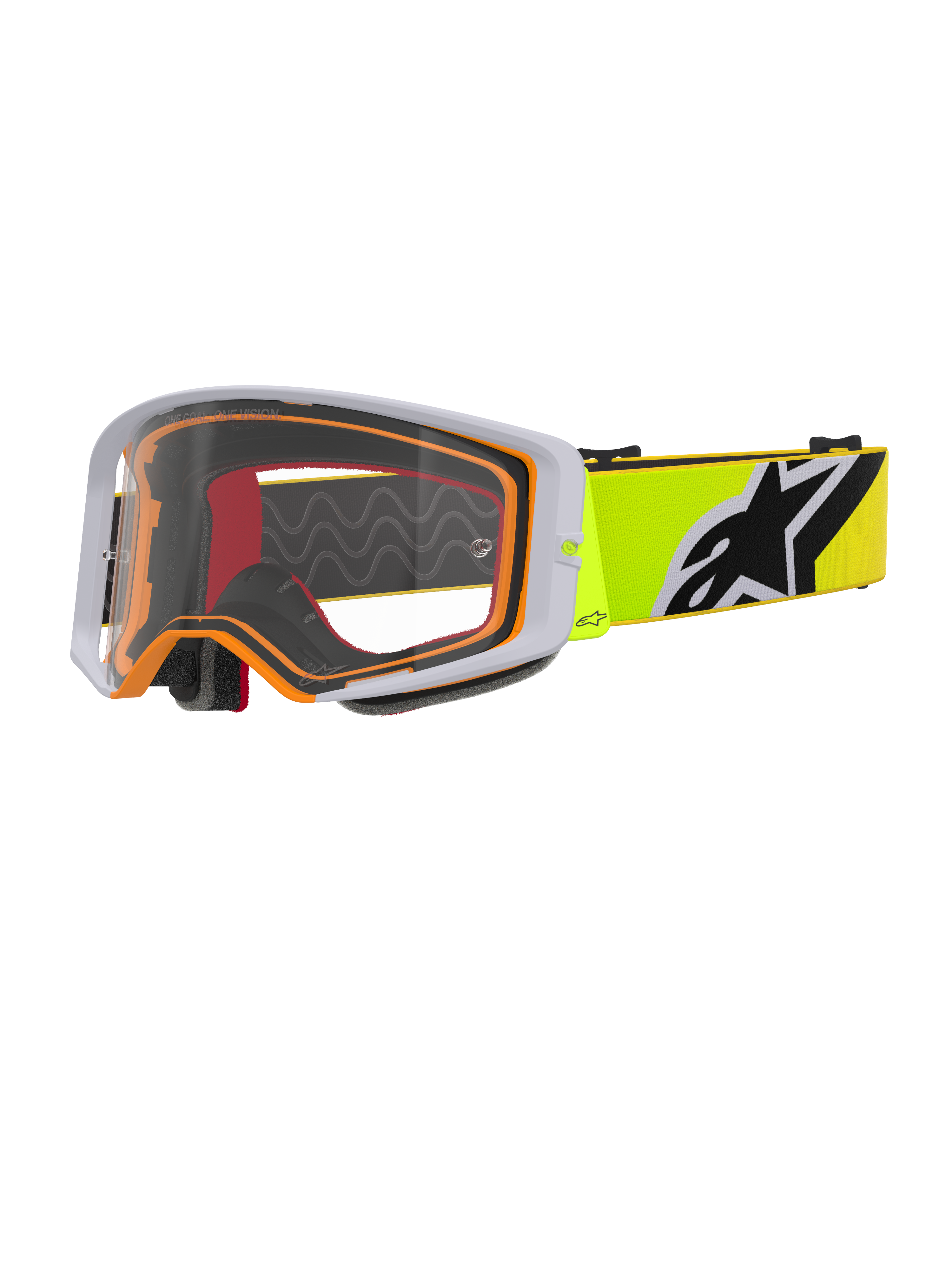 Alpinestars Supertech Corp Goggles, motorcrossbril, fluo geel grijs helder, grijs buitenframe met oranje binnenafdichting, heldere lens, felgele band met zwart-wit Alpinestars-logo, hoogwaardige bril voor off-road racing