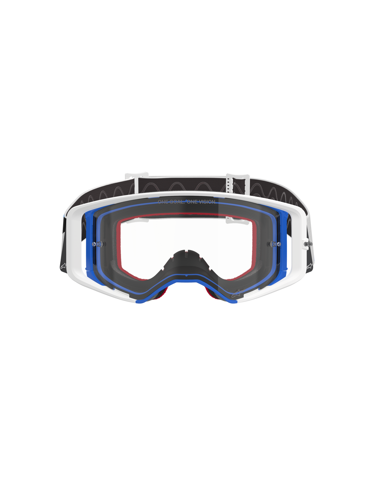Alpinestars Supertech Corp Goggles, motocrossbril, blauw, wit en oranje met heldere lens, zwarte band met wit logo, professionele off-road racebril met breed gezichtsveld en dubbel geïnjecteerd frame-ontwerp